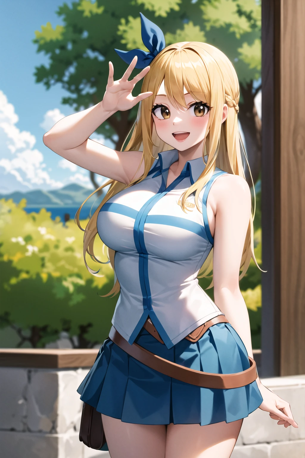 masterpiece, best quality, highres, lucy heartfilia, blonde hair, long hair, large breasts, white shirt, sleeveless, belt, blue skirt, cowboy shot, standing, looking at viewer, outdoors, waving, smile, open mouth,, nude