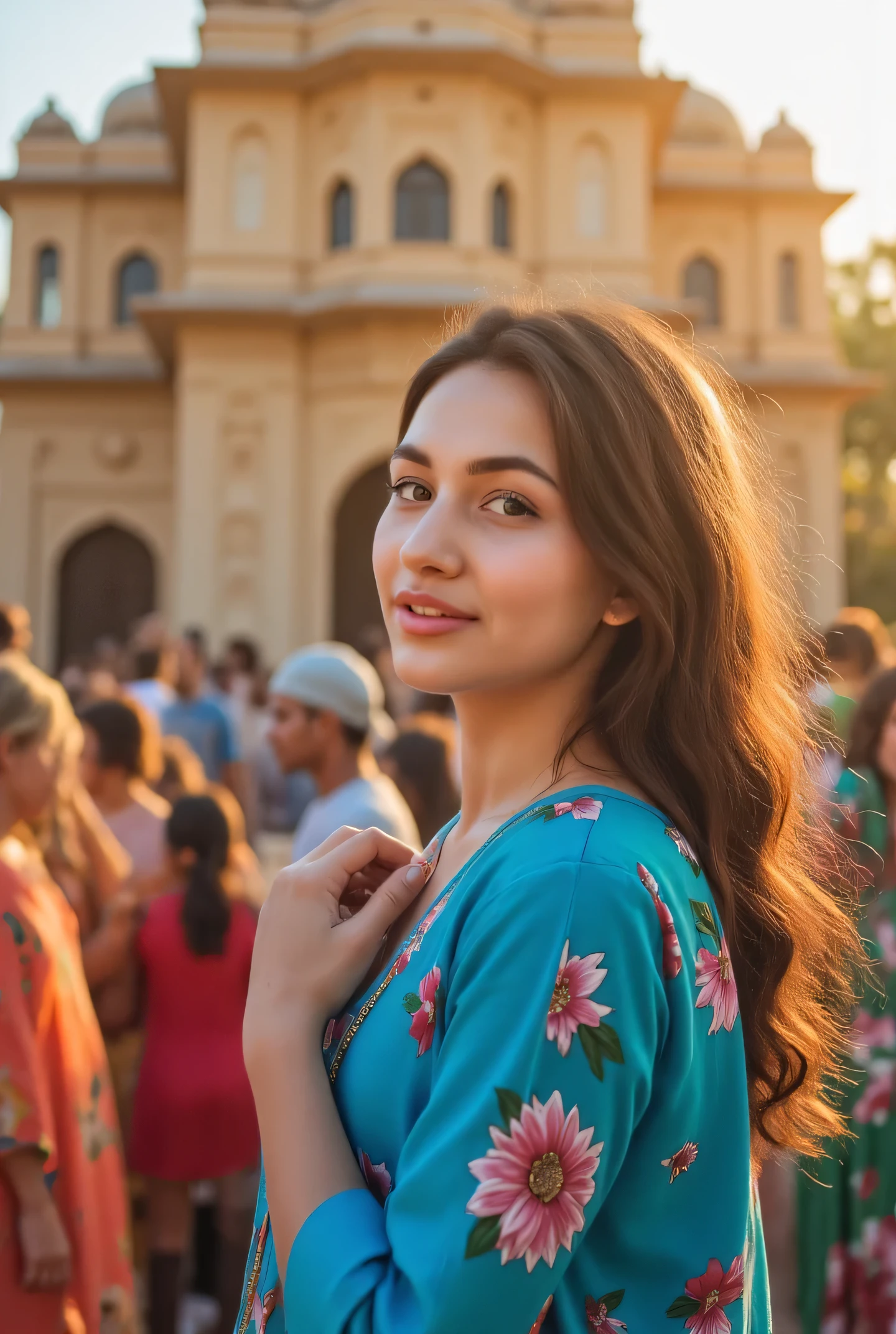 24 year girl in Indian village not modern village rural vibe wearing blue gujrati dress in hawa mahal jaipur in front of local people with smile on face hand in hair