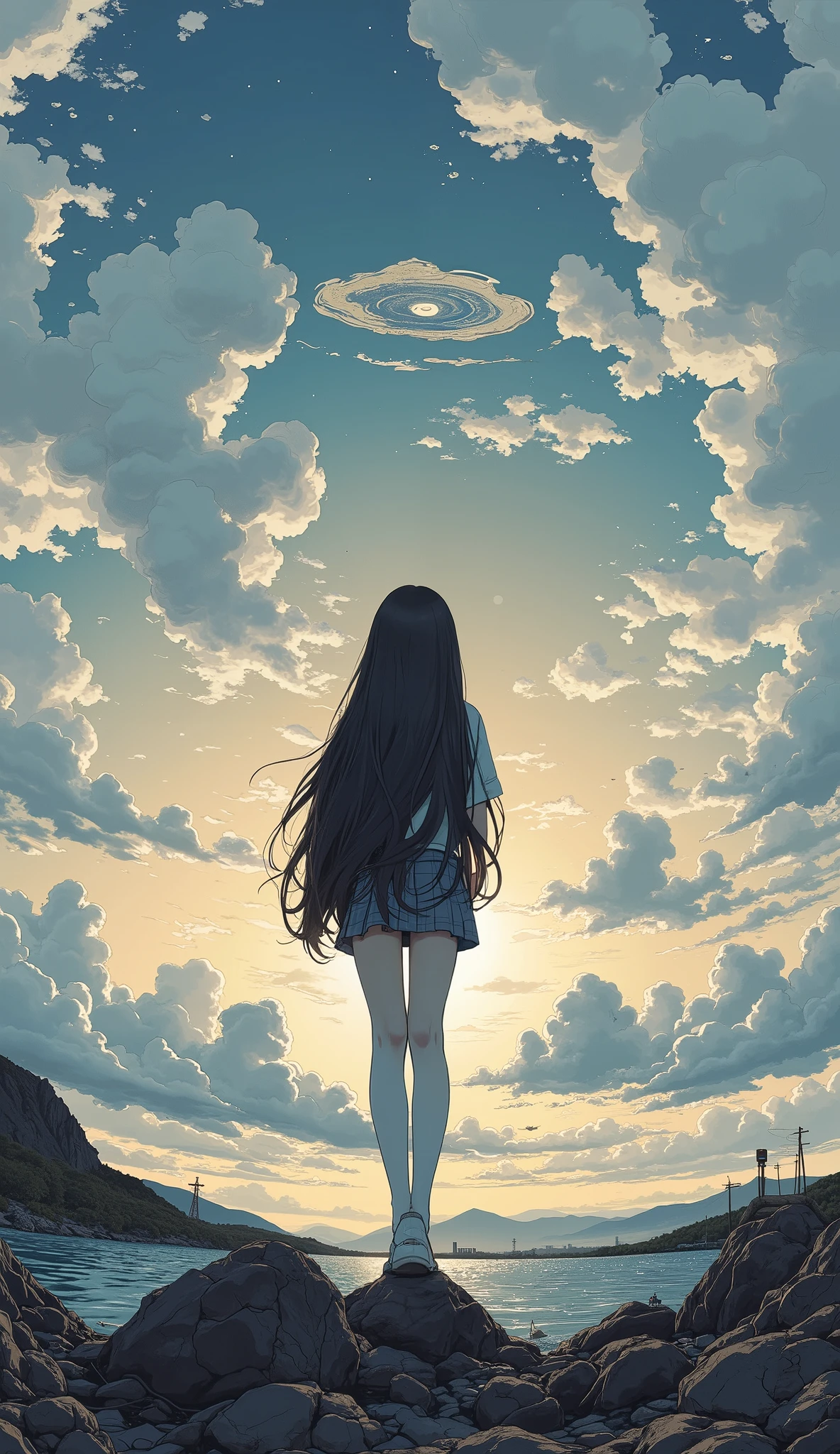 taken from below、 Fisheye 、(surreal),(best quality), (masterpiece), Beautiful High School Girls by Yoshitomo Nara, girl standing on the breakwater and looking at me, Backlit Silhouette , put your hands on your lower back, open your legs, Japanese high school girl wearing uniform, sunset 1 cloud floating in the sky, Mountain々Crown-shaped clouds floating above, Crown-shaped clouds floating above , Extremely High Resolution Photos, Great concentration, amazing bokeh 、 backlit、