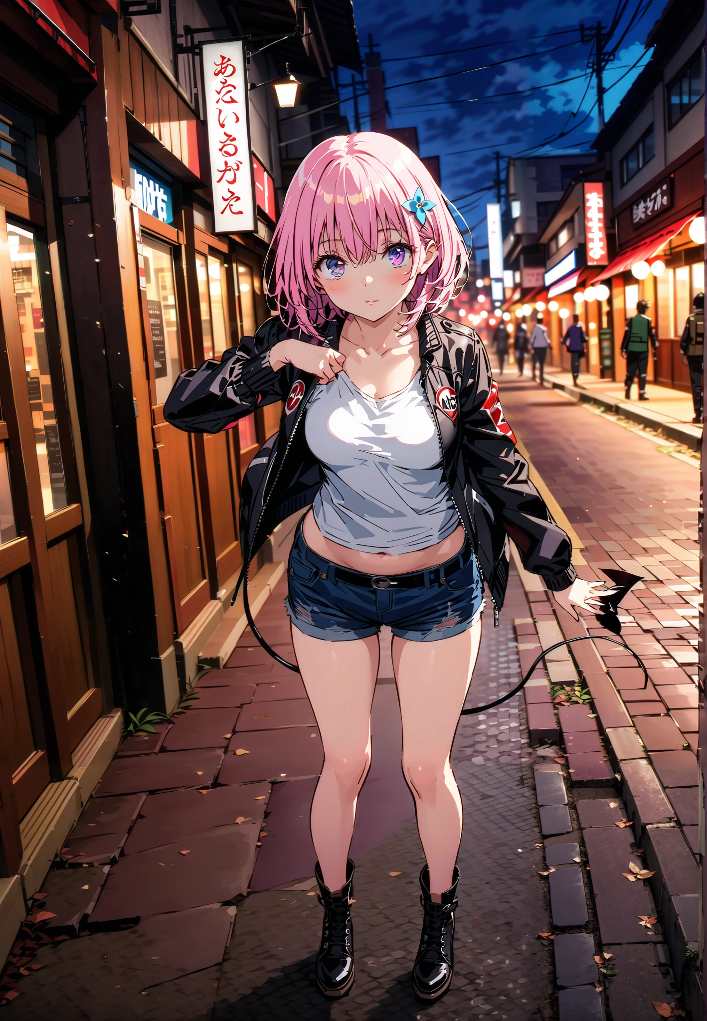 モモデbuildingケ, モモ・デbuildingーク, demon Tail, Hair Flower, hair ornaments close to the garden, purple eyes, pink hair, short hair, Medium breast,胸の谷間,Tail,riders jacket,tank top outside of anime,belly button sticking,Bare legs,denim micro shorts,shoes, Short Boots,standing,building,Nōn,night,full bodyがイラストに入るように,
break outdoors, Metropolis,
break looking at viewer,full body,
break (masterpiece:1.2),Highest quality , kampala, Unity 8K Wallpaper ,(shape:0.8),( fine, beautiful eyes :1.6),It's a person ,full body写真,CG Details , (perfect hands, complete anatomy),
