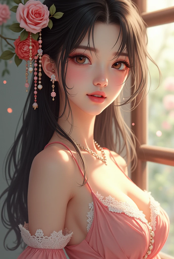 (colorful flowers background, White and Red, best quality,ultra-detailed,physically-based rendering:1.2), realistic,portrait,beautiful young woman with long wavy hair and mesmerizing eyes,delicate facial features, Glossy Lips,  ((tongue playfully licking finger, fingers delicately holding in mouth)),subtle expression of pleasure and anticipation,romantic atmosphere, (close-up shot of sensual lips),subtle blush on cheeks,sensual and sophisticated,gentle and alluring gaze. full of flowers covering girl's body, (correct hand, not Detailed fingers:-0.9) .