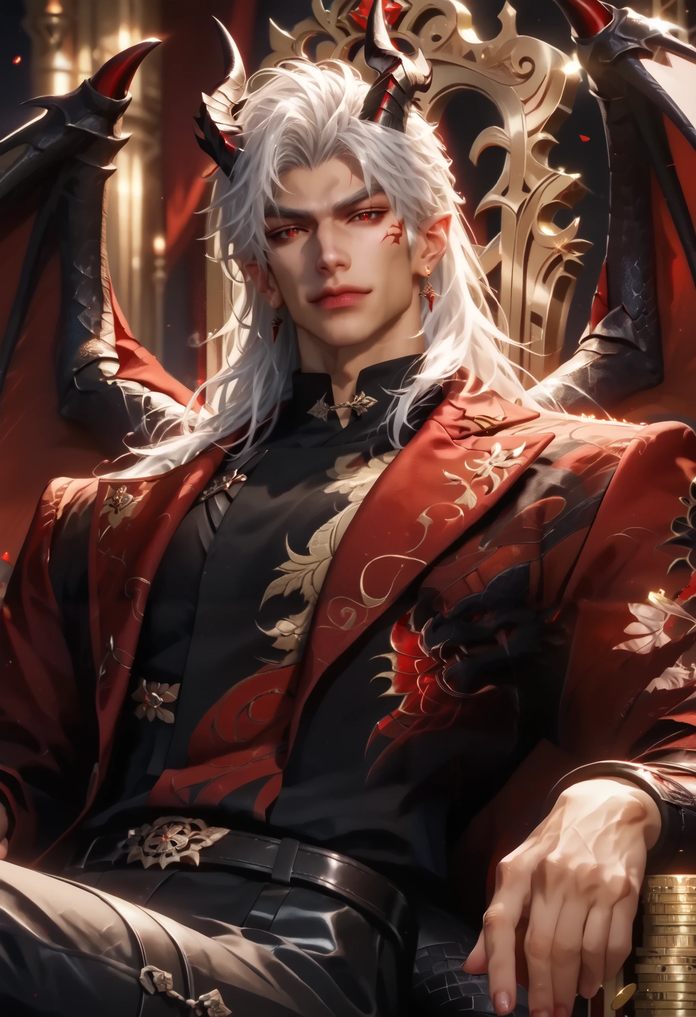 Anime illustration semi-realism of Chinese human dragon hybrid male, semi realistic, muscular, very broad shoulders, smaller waist, slightly muscular body, Asian eyes, monolid eyes, long hair, (((long white hair))), pretty lips, (((red eyes))), sleek design, evil smirk, masculine facial features, detailed face, handsome face, sharp facial features, sitting leaning back on big golden throne on top of gold coins arms on armrest, looking at viewer, dynamic light, black and red dragon wings, (((black dragon horns))), (((has a black dragon tail))), black and red armor, black red pointy jagged sharp hand armor, black red pointy jagged sharp body armor, leather long-sleeved shirt, leather pants,