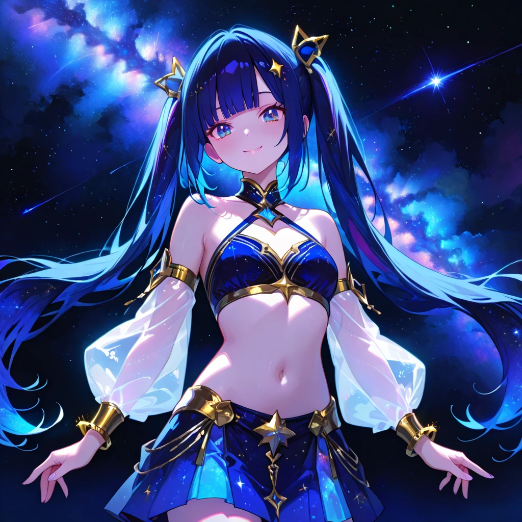 ( absurd , high quality , Super detailed, Be careful with your hands )Constellation-Sagittarius Goddess , similar to latin goodness . optimistic, fair, Funny and intelligent face . reckless, ruthless, impatient, Overconfident style . Deep blue eyes (Eye details) , Dark blue hair,shining , Sheer dress , In the starry sea , whole body , Fire , Chiron, Octane Render