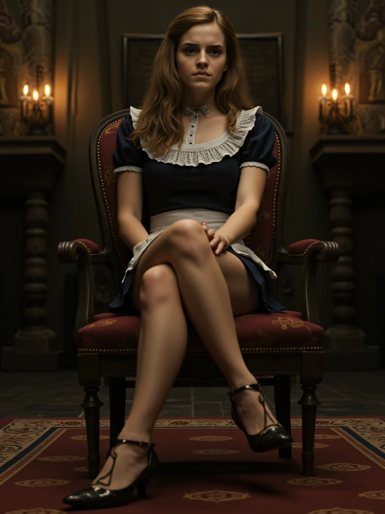 masterpiece. a beautiful emma watson dressed as a clown with red paint. rubio, two tails. intricate fitted short uniform, crop top. dark ambient. on a royal throne. cinematic lighting.