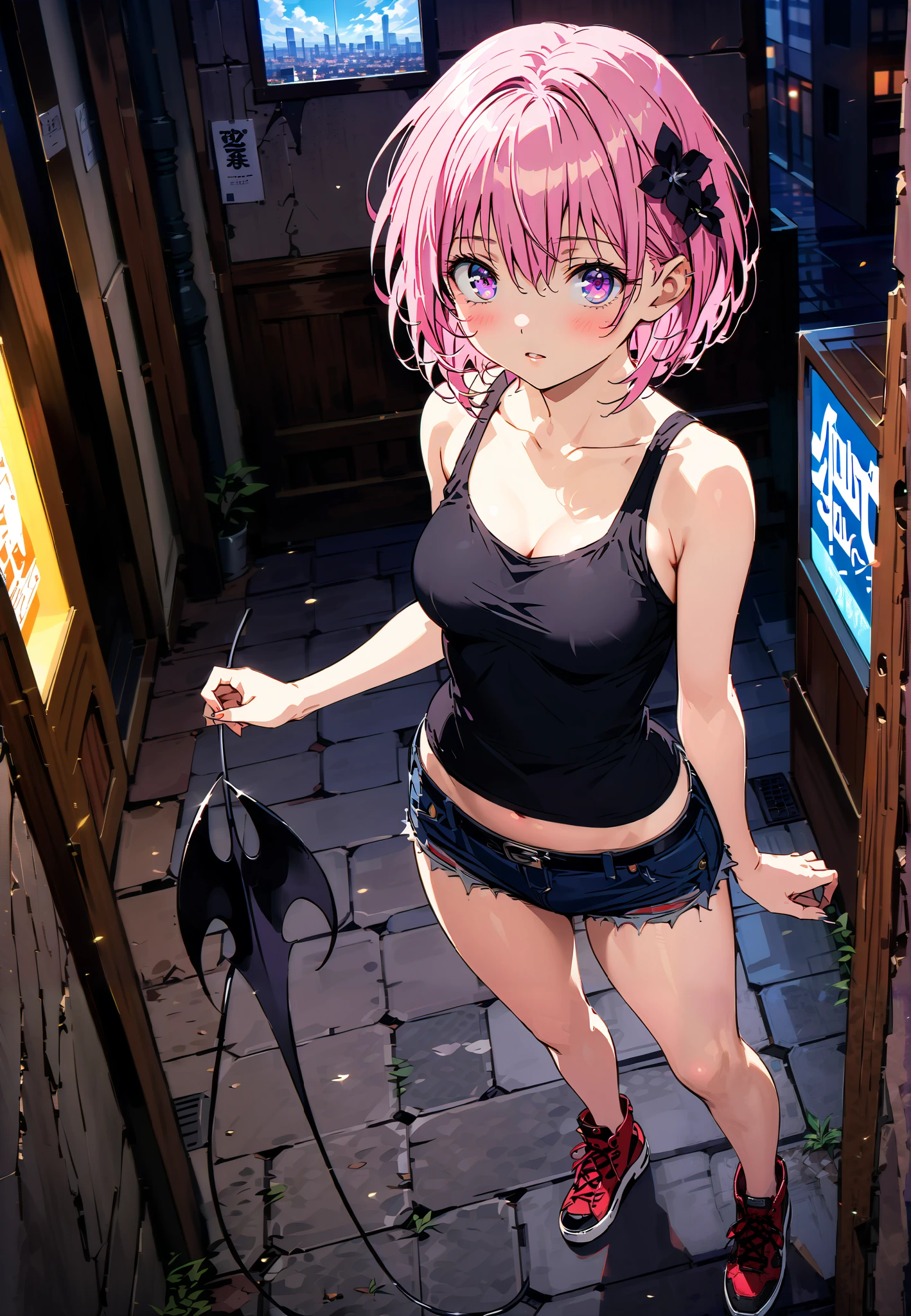 モモデbuildingケ, モモ・デbuildingーク, demon Tail,  Hair Flower, hair ornaments close to the garden, purple eyes, pink hair,  short hair, Medium breast,胸の谷間,Tail,riders jacket,tank top outside of anime,belly button sticking,Bare legs,denim micro shorts,shoes, Short Boots,standing,building,Nōn,night,full bodyがイラストに入るように,
break outdoors, Metropolis,
break looking at viewer,full body,
break (masterpiece:1.2),Highest quality , kampala, Unity 8K Wallpaper ,(shape:0.8),(  fine, beautiful eyes  :1.6),It's a person ,full body写真,CG Details , (perfect hands, complete anatomy),