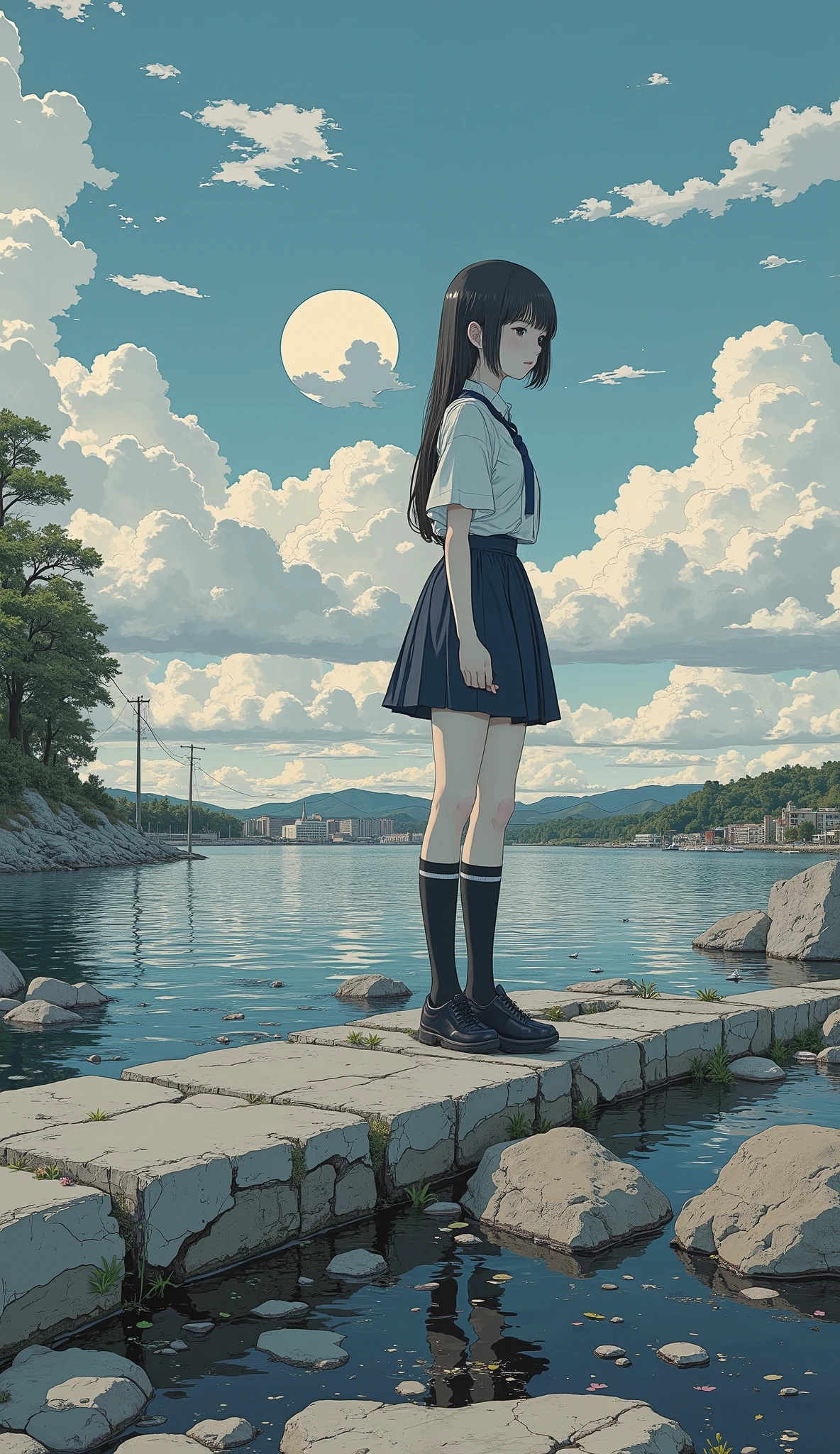 taken from an oblique top、 Fisheye 、(surreal),(best quality), (masterpiece), Beautiful High School Girls by Yoshitomo Nara, girl standing on the breakwater and looking at me, viewers next to him、 Backlit Silhouette , put your hands on your lower back, open your legs, Japanese high school girl wearing a uniform, sunset 1 cloud floating in the sky, Mountain々Nyudo clouds floating above, Extremely High Resolution Photos, Great concentration, amazing bokeh 、 backlit、