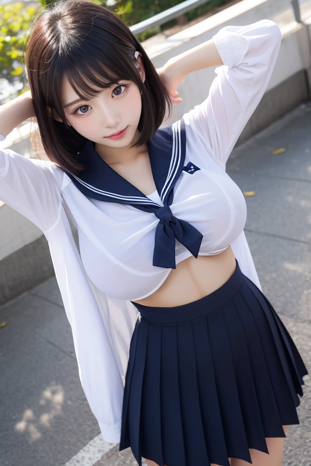 (highest quality:1.4), (hyper quality), (Super detailedな), Beautiful and young looking girl:1.2, very cute, wonderful face and eyes, (A thin, short-sleeved white sailor school uniform), cropped tops:1.2, (A light blue gingham check pleated micro mini skirt with a very low rise), (Incredibly big big:1.3), (super slender:1.1), (Skinny thin legs:1.2), (very thin waist:1.2), realistic skin texture, bangs:1.3, bright and glossy lips, Beautiful goddess descends, beautiful background, golden ratio, conceptual art, Super detailed, Accurate, advanced details, outdoor, sexy art, Standing in the midsummer sunshine, bright light, Super delicate illustration details, 8k wallpaper that combines high-definition CG, Raw photo, professional photos, cinematic lighting, Depth of written boundary, (No bra in uniform:1.2), belly button, (You can see the shape of the nipple protrusions through the uniform.), (The nipple protrusions push up the uniform), Her big breasts are stretched out from her uniform:1.2, (I can see the underboob:1.2), (High heels on bare feet)
