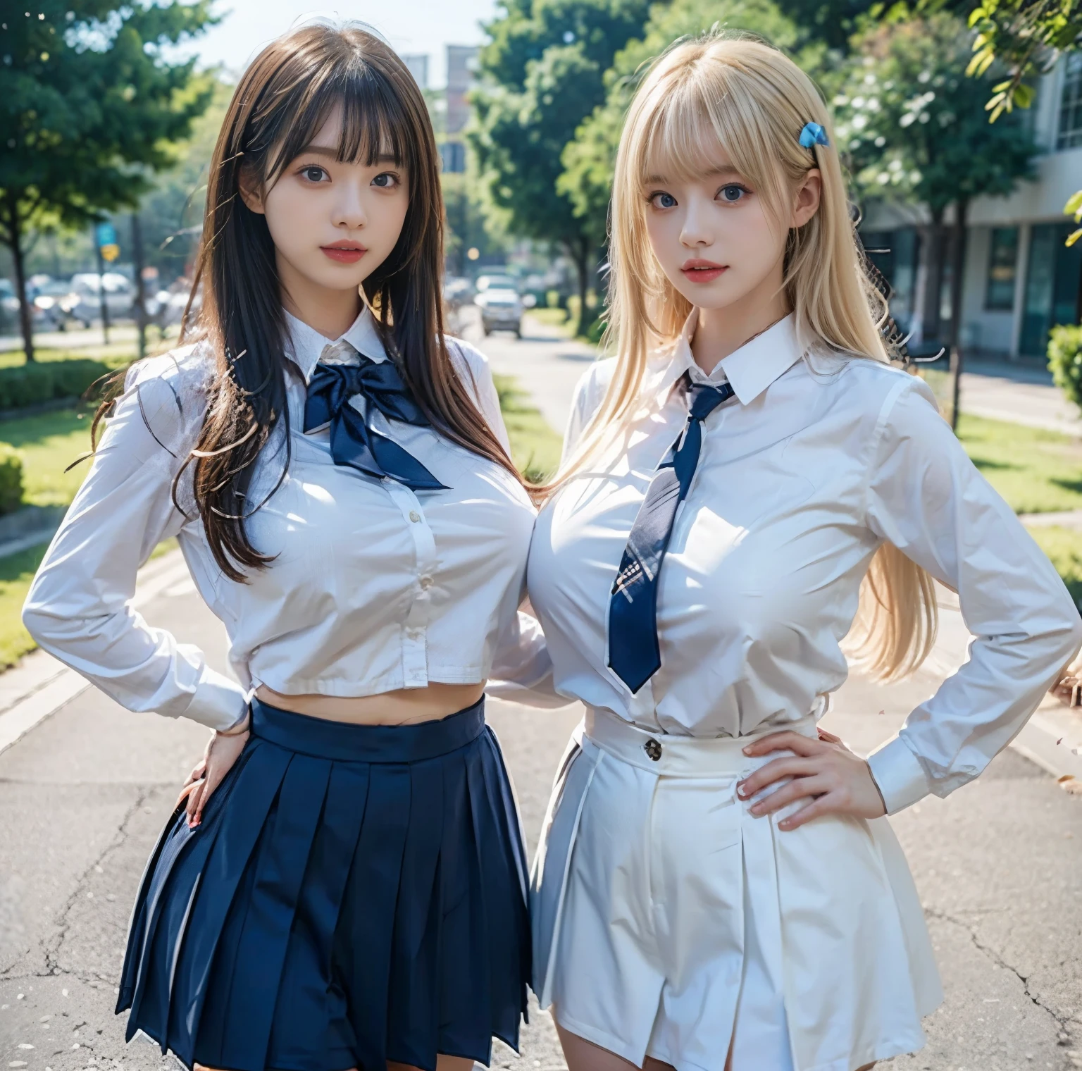 8K quality, Bright professional photo ,  two beautiful girls, Above the belly, (The two are fully wearing high school girl uniforms so they can't see their skin:1.2), Shirts Are Tight Because of Big Breasts, (Big breasts are crushed by tight clothes:1.2), The bright and flashy blue eyes , Platinum Blonde Hair that Soars Like It, (Whitening skin), Half Long with Bangs,  is very big, 