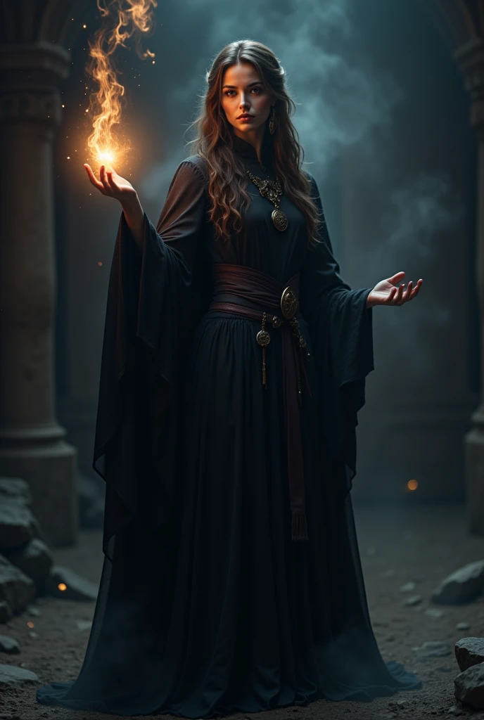 A Woman with a light in her hand and dark energy and has a cloak and dress made of leather