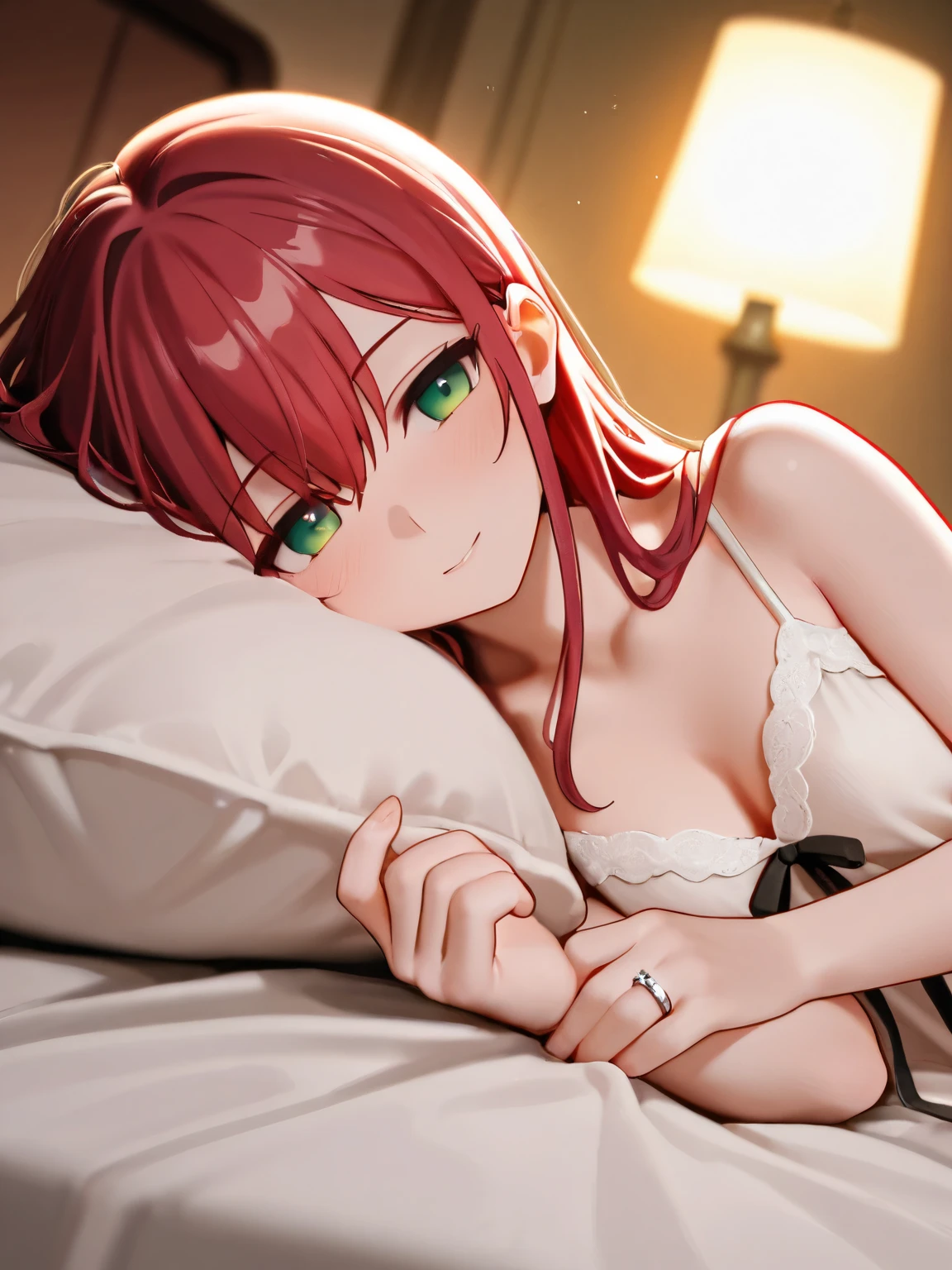 Best quality, ultra high resolution, 1 girl, Red hair, Green eyes, short and thin body, short top, neckline, skirt, ((shyexpression)),