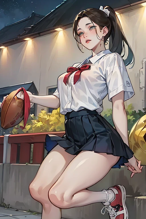 Masterpiece: 1.2, best quality), realistic, (real picture, rich details details, depth of field), (1girl, solo), makeup, cleft lip, high detail, perfect face shape, (big breasts: 1.4), (skindentation), thick thighs, wide buttocks, Thin waist, tall, coral, red lips, red eyes, ponytail (girl playing badminton, light tulle, tulle transparent white basketball suit), (sweat: 1.2), (wet), sexy, blush