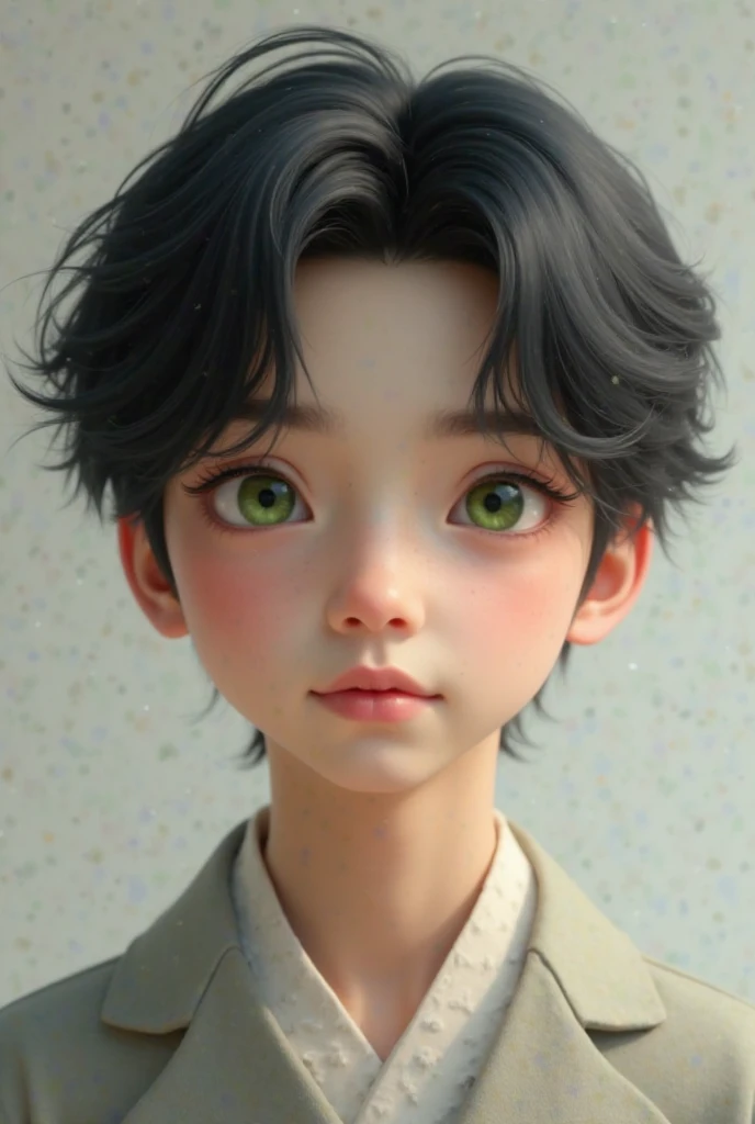 A boy has short brown hair, It is white, and his eyes are big and green, He wears a school uniform
