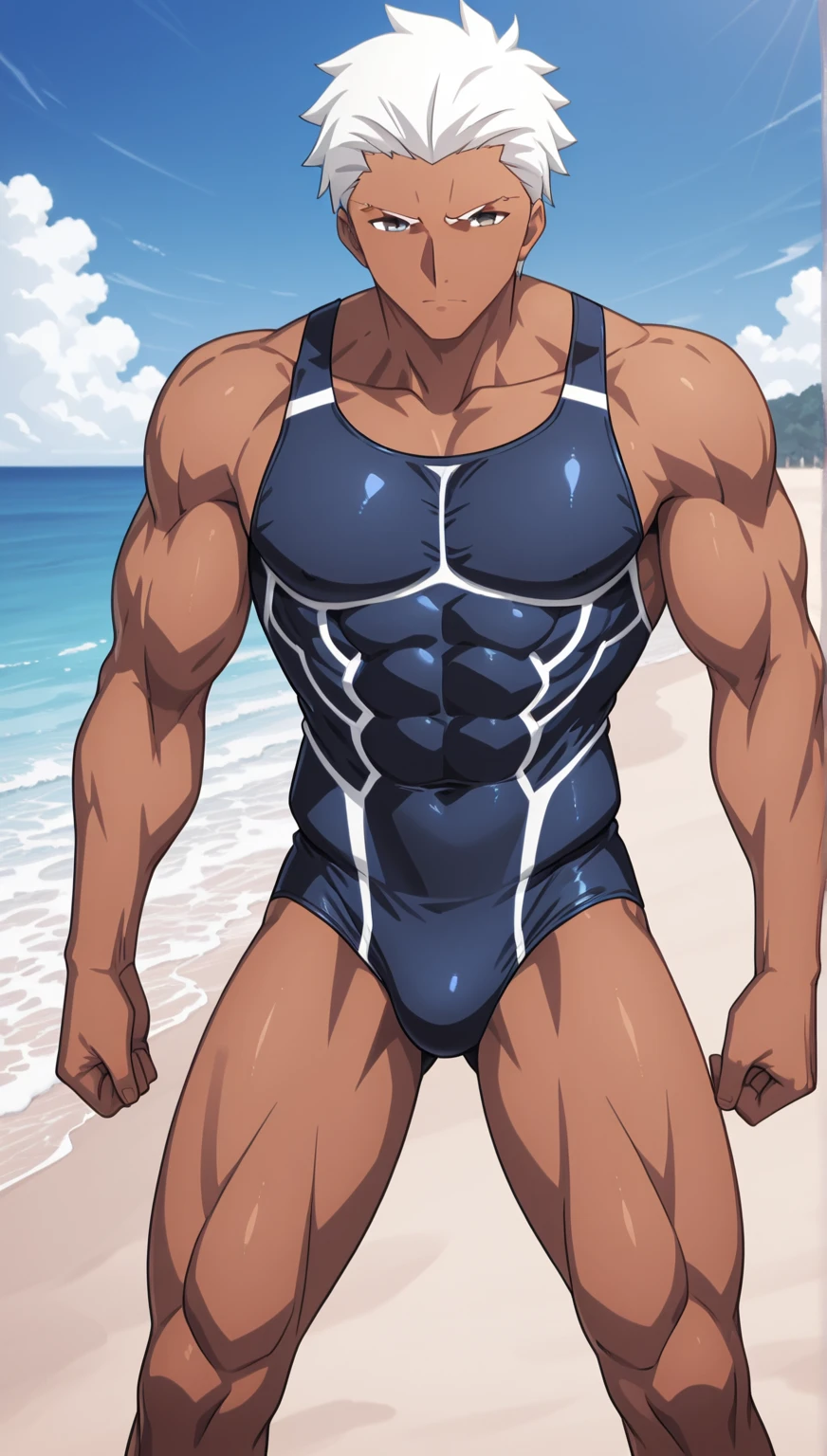Cool anime boy in black and red tanksuit, Black and Red High Leg Racing Swimwear, wearing a swimming wear, garments:High-cut swimwear, In pixiv, Male protagonist , onepiece swimsuit, Competitive swimsuit, high-cut, Hand pose behind his body!, pixiv, Swimsuit, muscular!!, high quality fan art, Muscular men, swim wears, highly detailed exquisite fanart, glossy wet skin!!, oc commission, splash art anime, cutesexyrobutts, highleg, Blue-eyed boy, Boy with short ash-haired, High Leg Racing Swimwear, Bare shoulders, bare legs, Bare arms,