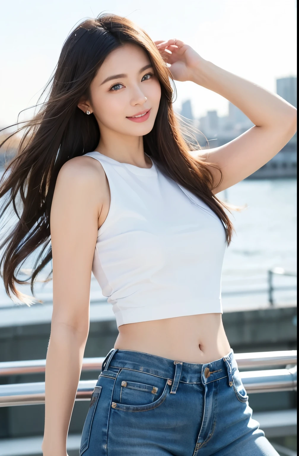 A close up of a woman in a white top and jeans - SeaArt AI