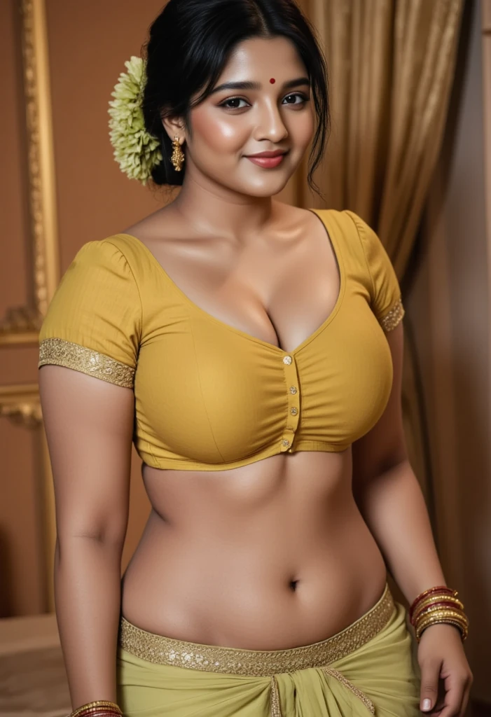 Anushka Shetty 28 years old beautiful different cute Indian face Indian girl, big huge breast, curvy plus size body figure, Botanical Leaf Embroidery t-shirt, different colorful Botanical Leaf Banarasi Saree, different hairstyle, bright eyes, thin eyebrows, fair skin, blushing cheeks, head to thigh close up view, smiling face, ultra realistic skin texture, Straight front view standing Pose, beautiful different Shani Shingnapur Temple background, ultra realistic, close up head to thigh view, black hair, Provocative eye Contact, glossy lipstick, attractive eye contract face, big bulky breast