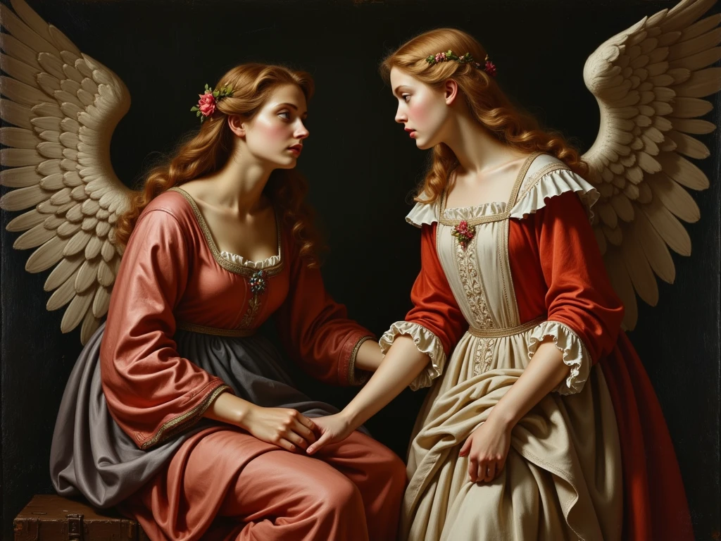 the romance of the angel and the devil, exhibitionism, masterpiece, 16th century painting, baroque painting, Renaissance painting, Rembrandt style lights and colors, dark backgrounds, antique painting effect, all the details, horror