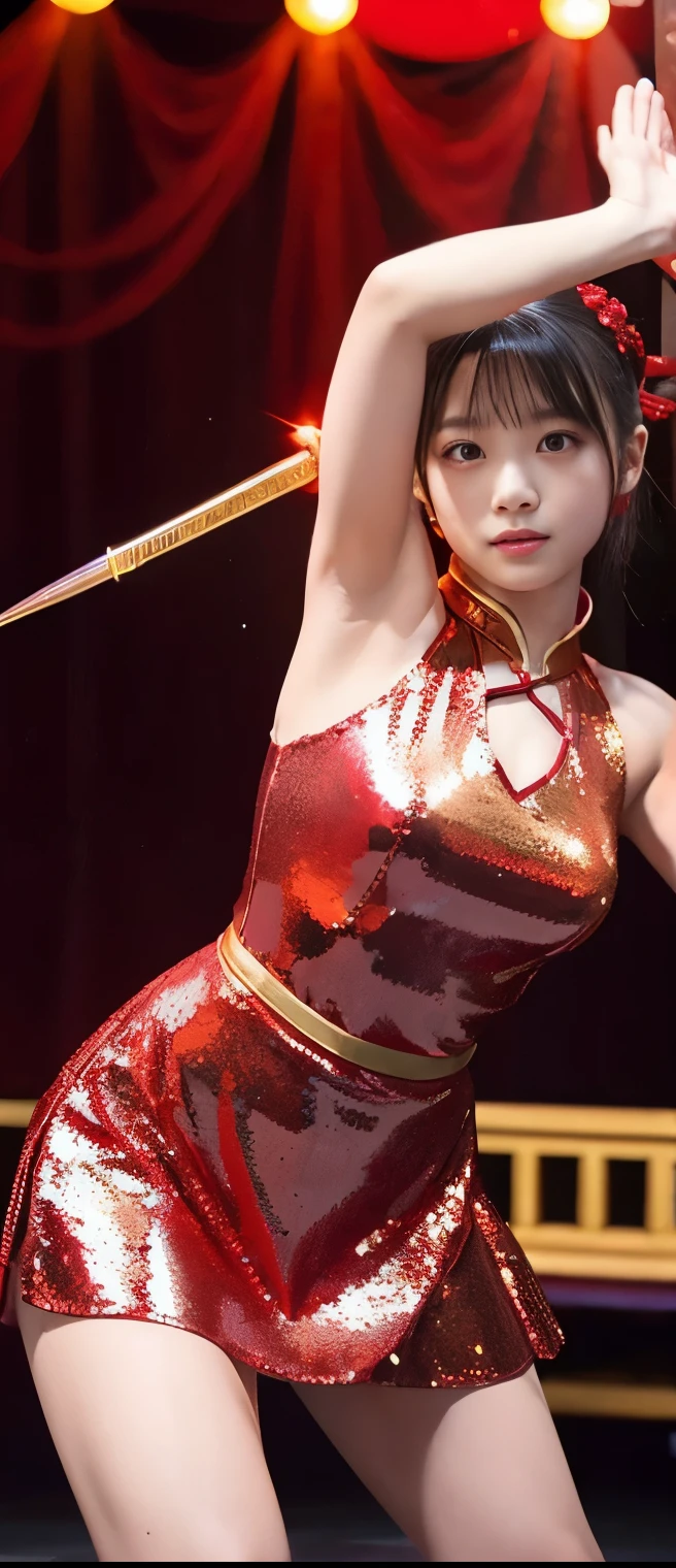 pure kung fu idol girl 、A pure girl's face、 hypo、、shiny red and gold sequin armor mini china dress、、Fire spear emitting light、 kung fu pose