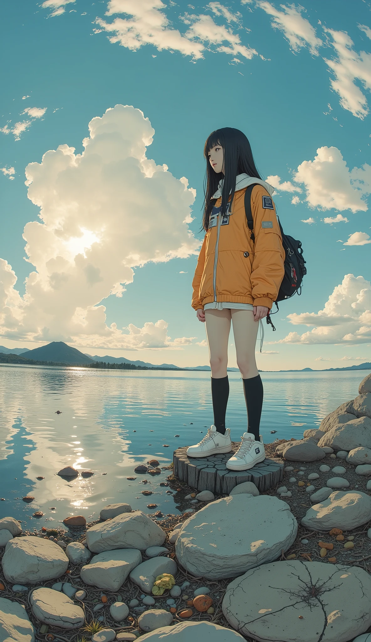 taken from below、 Fisheye 、upper body、 backlit、(surreal),(best quality), (masterpiece), Beautiful High School Girls by Yoshitomo Nara, girl standing on the breakwater and looking at me, viewers next to him、 Backlit Silhouette , I'm wearing a white and orange pilot suit, One cloud floating in the sky at sunrise, Mountain々Nyudo clouds floating above, Extremely High Resolution Photos, Great concentration, amazing bokeh 、