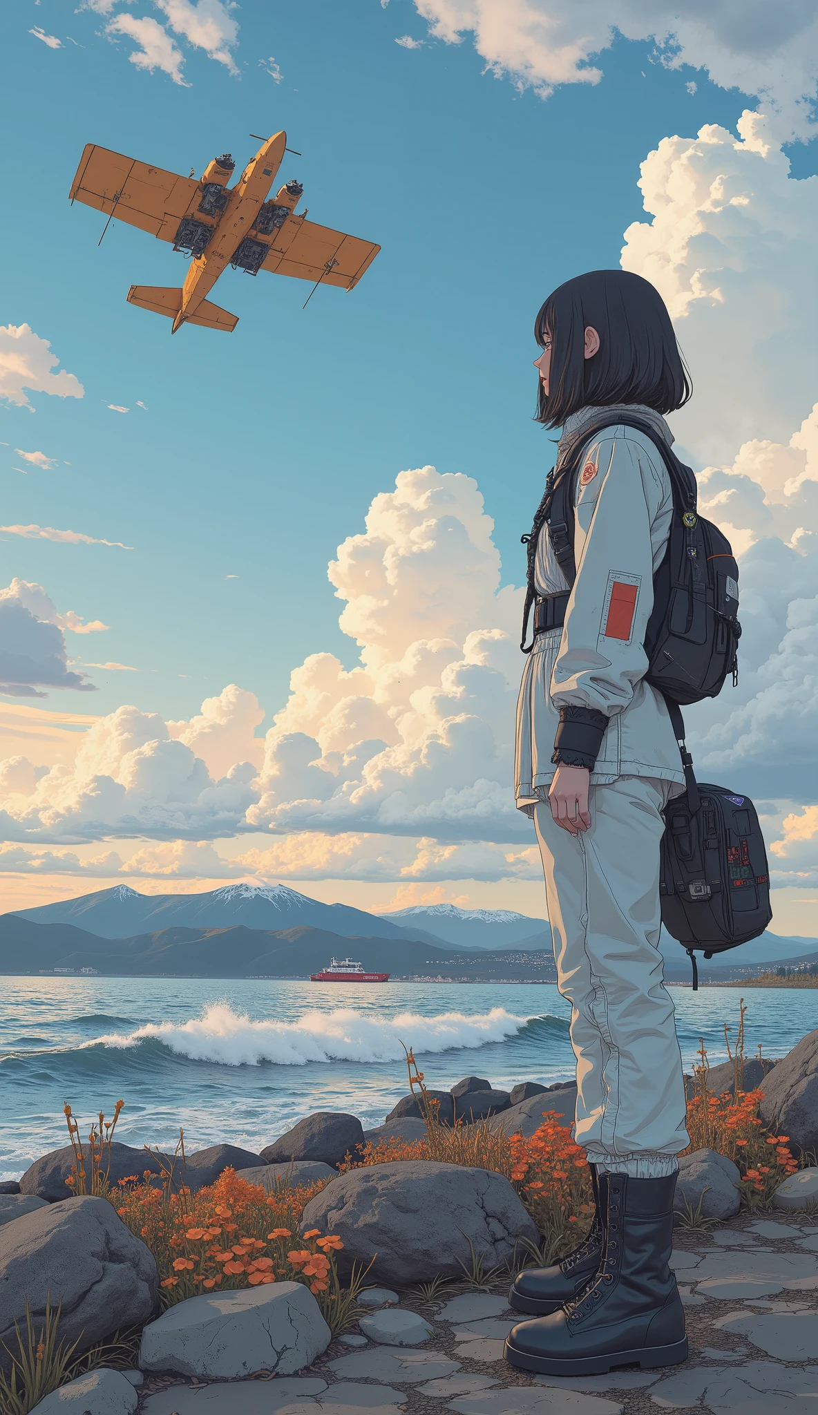  taken from below、 Fisheye 、upper body、 backlit、(surreal),(best quality), (masterpiece), Beautiful High School Girls by Yoshitomo Nara, girl standing on the breakwater and looking at me, viewers next to him、 Backlit Silhouette , I'm wearing a white and orange pilot suit, Have a helmet、One cloud floating in the sky at sunrise, Mountain々Nyudo clouds floating above, Extremely High Resolution Photos, Great concentration,  amazing bokeh 、Fighter plane crashed into the sea、