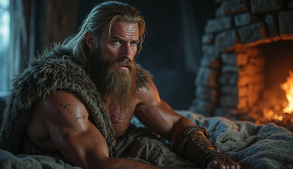 A very rustic handsome and attractive middle age man, full focus, tiltshift, ethereal, cinematic, shimmering lights, vikings, god, mythological king, grotesque, fierce, tumblr contest winner, hurufiyya, renaissance painting, very strong and masculine, movie still, cinematic lighting. photograph, detailed symmetric realistic face, extremely detailed natural texture, peach fuzz, long hair, masterpiece, absurdres, nikon d850 film stock photograph, kodak portra 400 camera f1.6 lens, extremely detailed, amazing, fine detail, hyper realistic lifelike texture, dramatic lighting, unrealengine, trending on artstation, cinestill 800 tungsten, looking at the viewer, photo realistic, RAW photo, TanvirTamim, high quality, highres, sharp focus, extremely detailed, cinematic lighting, 8k uhd,-imagine- --auto --s2
