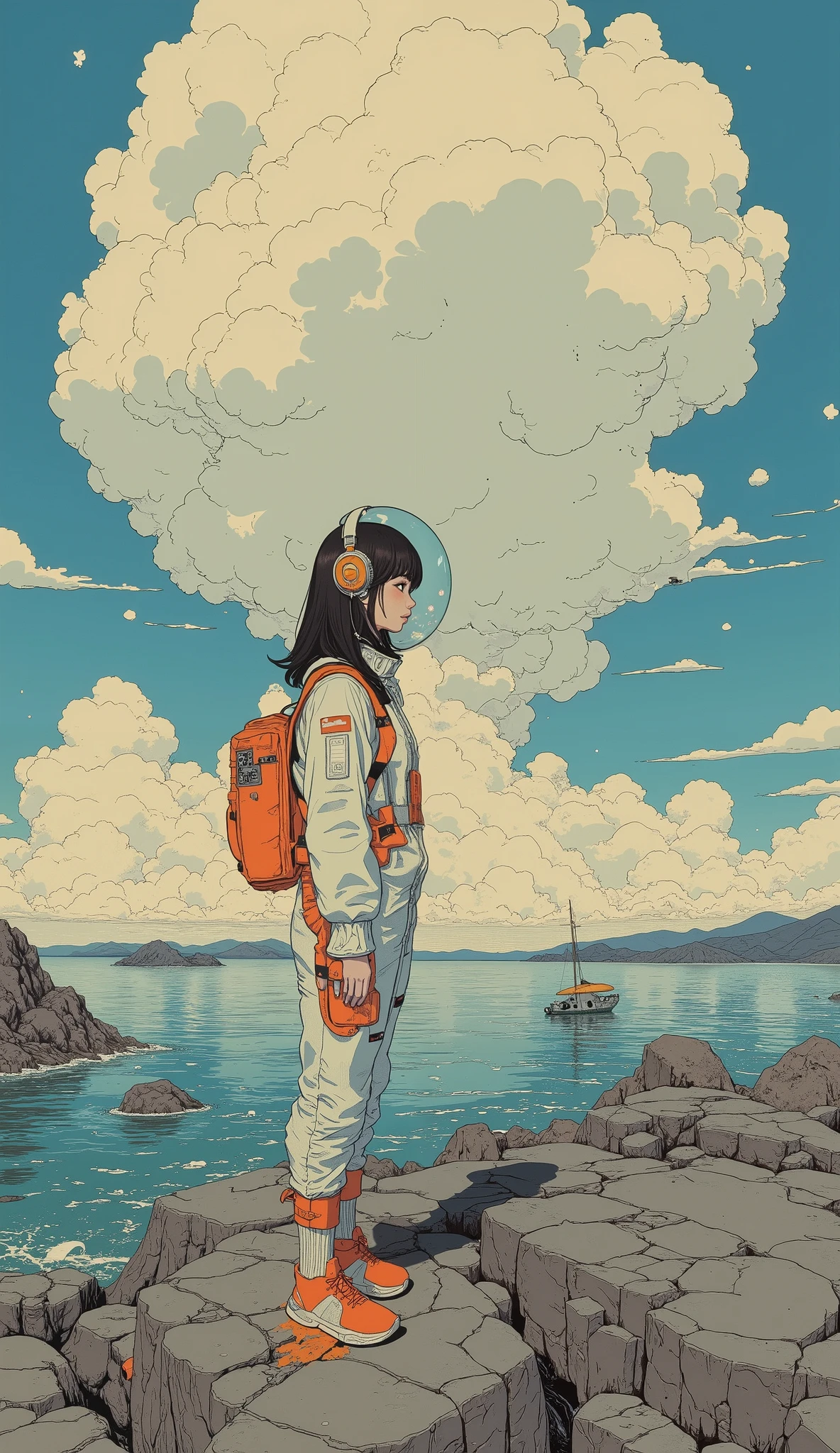  taken from below、 Fisheye 、upper body、 backlit、(surreal),(best quality), (masterpiece), Beautiful High School Girls by Yoshitomo Nara, girl standing on the breakwater and looking at me, viewers next to him、 Backlit Silhouette , is wearing a white and orange spacesuit, Have a helmet、One cloud floating in the sky at sunrise, Mountain々Nyudo clouds floating above, Extremely High Resolution Photos, Great concentration,  amazing bokeh 、The small spaceship that crashed into the ocean、