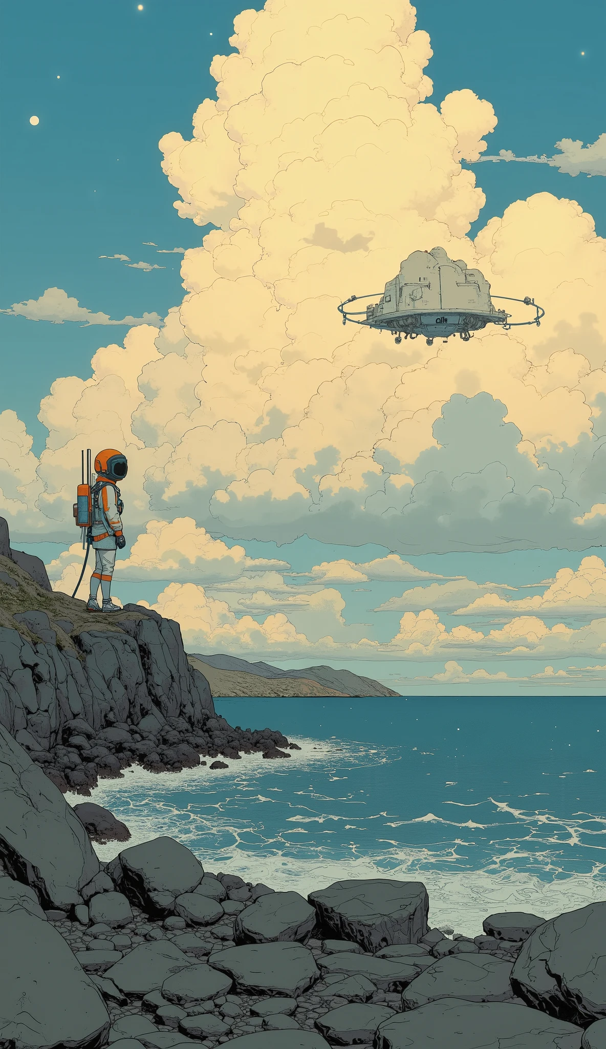 taken from below、 Fisheye 、upper body、 backlit、(surreal),(best quality), (masterpiece), Beautiful High School Girls by Yoshitomo Nara, girl standing on the breakwater and looking at me, viewers next to him、 Backlit Silhouette , is wearing a white and orange spacesuit, Have a helmet、One cloud floating in the sky at sunrise, Mountain々Nyudo clouds floating above, Extremely High Resolution Photos, Great concentration, amazing bokeh 、The small spaceship that crashed into the ocean、