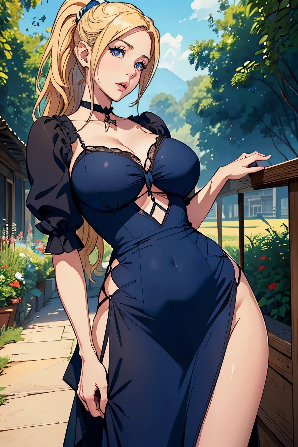 masterpiece, best quality, extremely detail 8k cg, high resolution, 1girl, narukouzumaki, twintails, wisker marks, blonde hair, blue eyes, perfect eyes, choker, breast curtains, china dress, pelvic curtains, thighhighs, high heels, huge breasts, outdoors, garden, standing, beautiful face, wide shot photo, full body