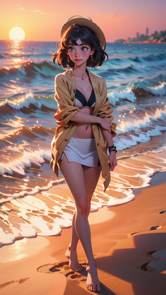 1 boy, sports body, sexy, beach, briefs, seaside, cute, full body, panorama, 18 years old, beach, empty background, sunset, best quality, masterpiece, short hair