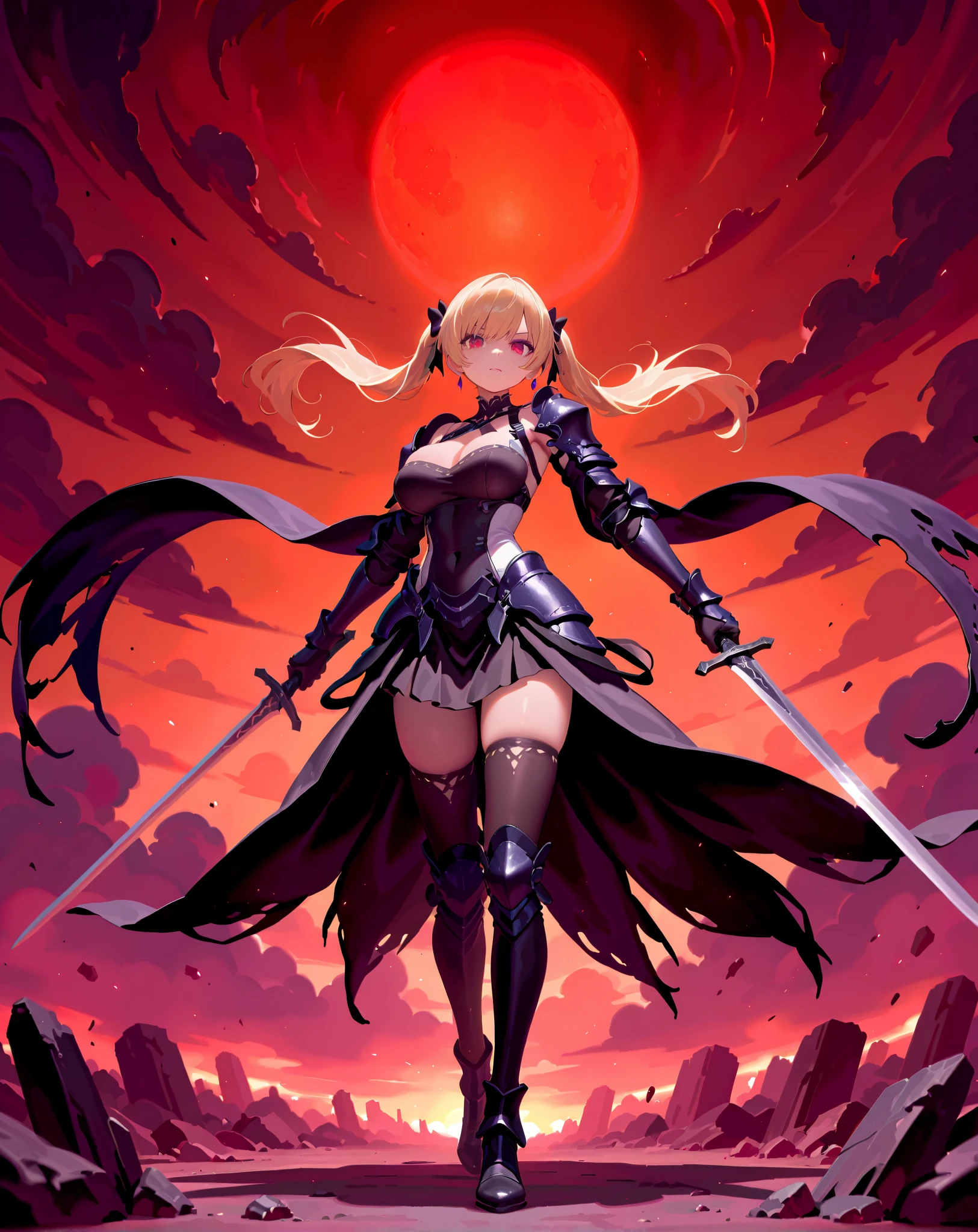A terrifying blonde female warrior wears、fantasy knight armor、 holding long swords