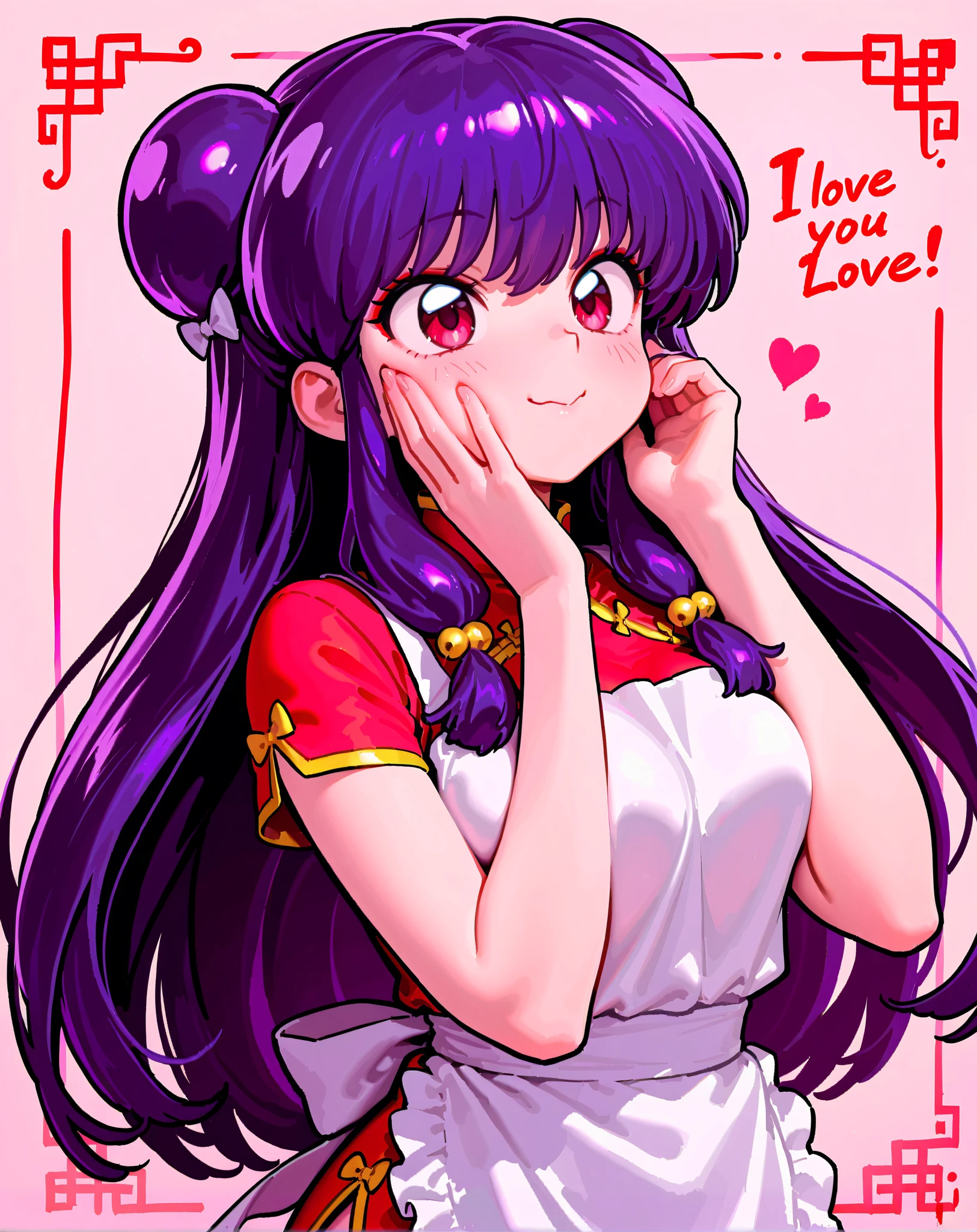 masterpiece, Top Quality , perfect face, highest resolution, 8k, 1 girl, shampoo (Ranma 1/2), young, red eyes, long hair, purple hair, Detailed Description of Curled Hairstyle , red eyeshadow, China dress, Apron Dress , Chinese cuisine, I love you, A face in love, Affectionate face,