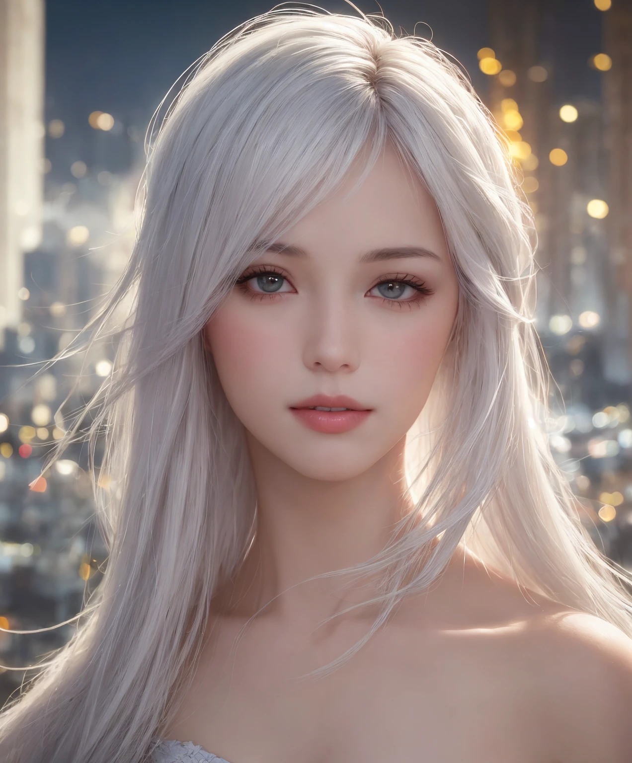 ((best quality)), ((Masterpiece)), (details), Perfect, lifelike face, 1 woman, Long white hair, green eyes, shining eyes, naked+pubic hair, Chapped lips, Blush, at night, flower, sun, sunlight,
