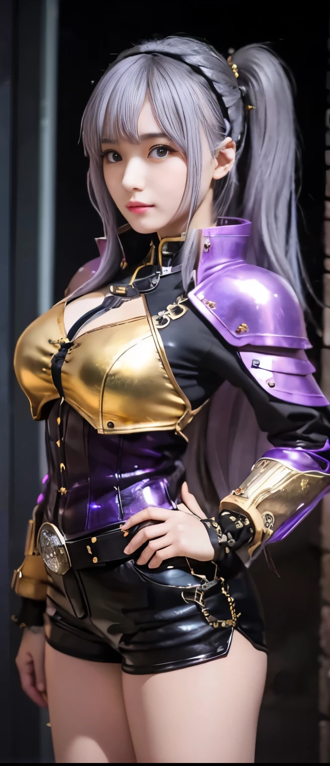 Cool Steampunk Idol Girl(Purple and Grey Hair)、A pure girl's face、 hypo、、Black Sequin Armor Tight Shorts、Gold Steampunk Jacket、Glowing Spygun