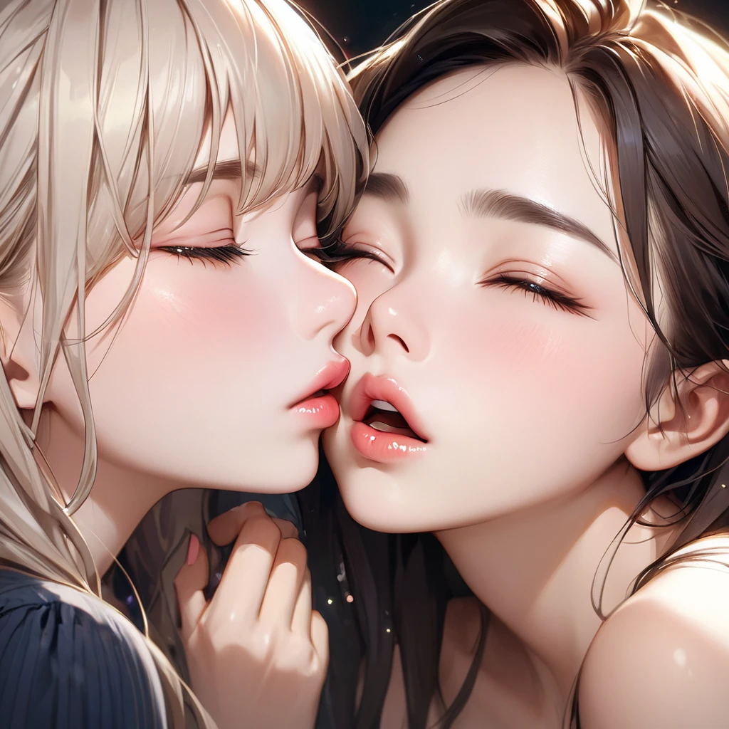 nsfw, masterpiece, best quality, ultra detailed, ((two mature beautiful lesbian women, caress each other)), A shy look, Half-open mouth, Bare skin glistening with sweat, bra and panties, in the forest, close-up to face, Portrait,