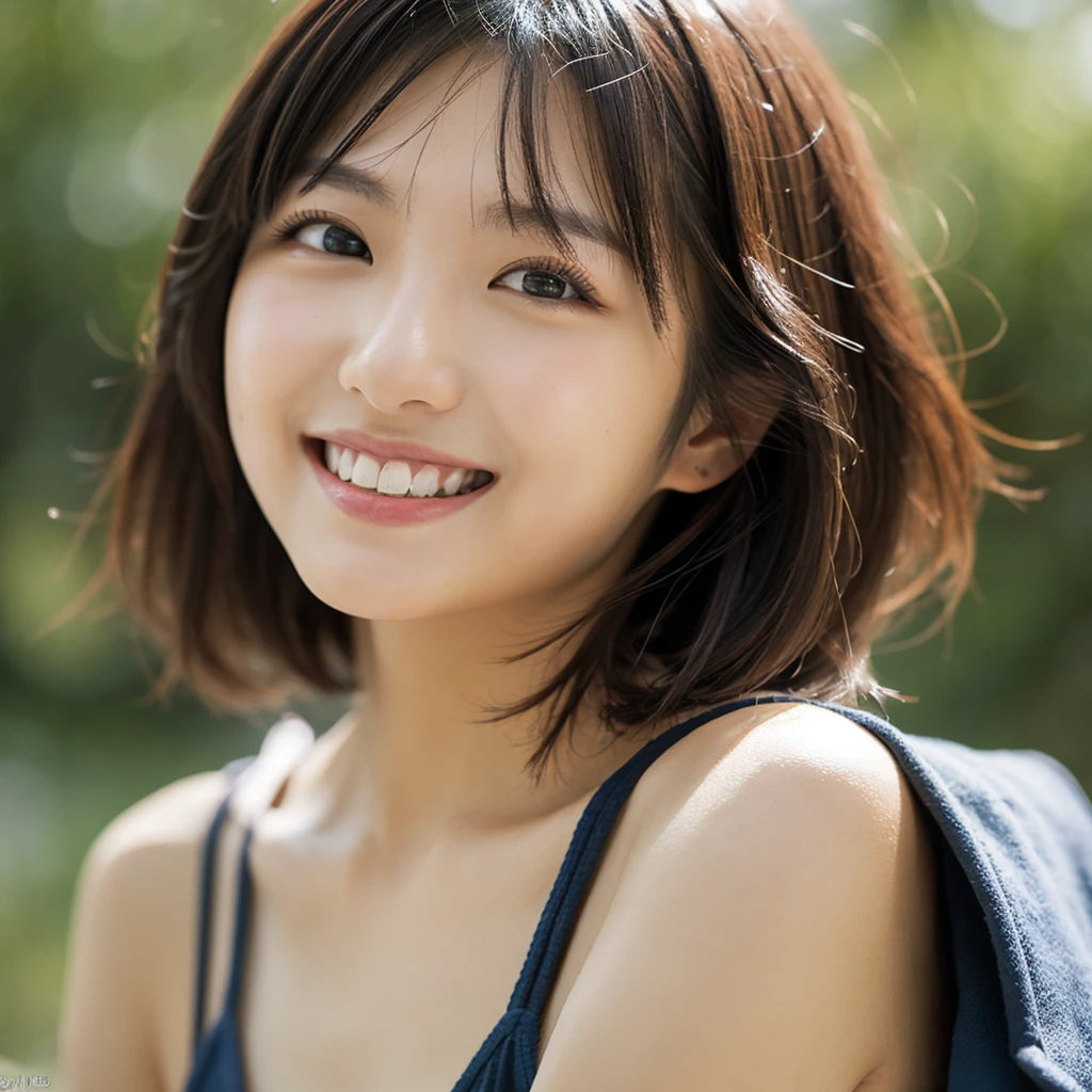 highest quality, figure, super detailed, finely, High resolution, 8k wallpaper, 完璧なダイナミックな構figure, beautiful skin, (Big eyes that shine like jewels), 20 year old beautiful girl, natural color lip, random sexy poses, Chest middle, smile, Highly detailed face and skin texture, Detailed eyes, Double eyelid,leaking teeth and laughing, close-up, profile, Brown-haired shorthair, (Gray blouse:1.2), beautiful scenery