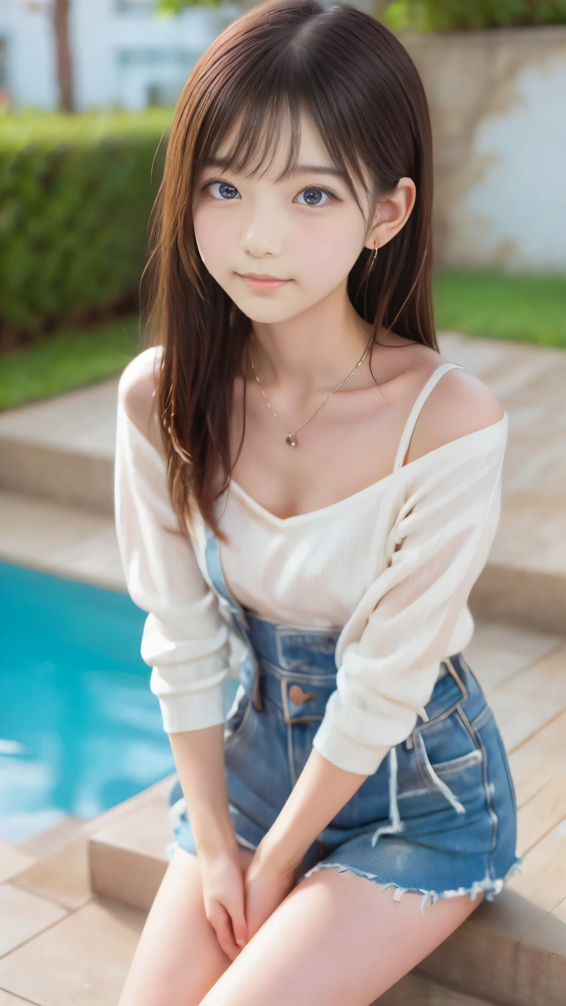 earrings、necklaces、beautiful輝きを放つ白い肌, unrivaled beauty , bright, Fresh and gentle look , 完璧なbeautifulcute顔, shiny platinum blonde silky long straight hair, beautiful光沢のある前髪, So beautiful、beautiful4Age Girl, eyeliner, とても完璧でbeautiful, blue eyes like big clear sky, very beautiful bright eye highlights, ((one girl, alone)), poolside 、cute、、(超絶cute水着ファッション)、(detailed hands:1.3, perfect right hand:1.2), ( detailed legs:1.3, thin thighs below eyes:1.2, beautiful feet), (Small beautiful breasts)