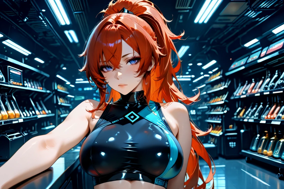 Cyperpunk setting with neon lights with a woman from the waist up in a bikini with orange hair and real body