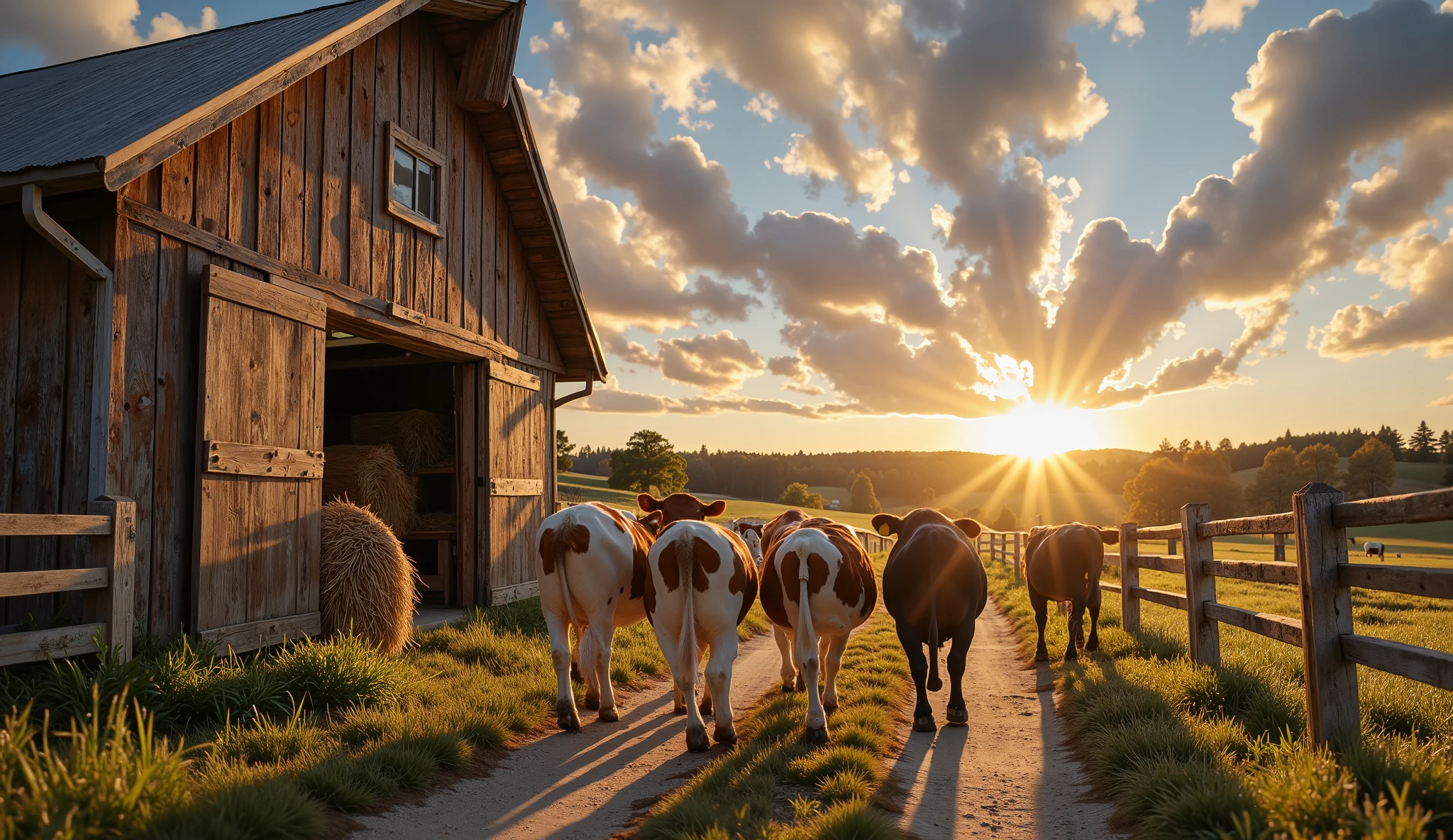 A group of cows slowly walk toward the entrance of their wooden barn, their sturdy bodies casting long shadows across the farm as the golden light of the setting sun bathes the scene. The air is warm, filled with the earthy scent of hay and fresh grass, while the distant sounds of crickets and birds signal the approaching evening.
The cows move at a relaxed pace, their tails swaying gently as they enter the barn one by one. Their coats, in shades of brown, black, and white, reflect the soft hues of the sunset, giving them a warm glow. Some of the cows pause momentarily, glancing around before stepping inside, while others lower their heads, their ears flicking at the occasional buzz of an insect.
The barn, made of sturdy wooden planks, stands against the backdrop of rolling green pastures and distant hills. Its wide entrance is open, revealing stacks of hay bales neatly arranged inside. The fading sunlight filters through the gaps in the wooden walls, casting streaks of light and shadow across the barn floor.
Beyond the barn, the farm stretches out with wooden fences enclosing the grazing areas. A dirt path leads from the fields to the barn, its surface marked by hoofprints. In the background, a few trees stand tall, their leaves rustling softly in the breeze. The sky above is a breathtaking blend of warm oranges, soft pinks, and deep purples, creating a tranquil atmosphere as day slowly gives way to night.
As the last of the cows make their way into the barn, a gentle wind rustles the grass, carrying with it the peaceful sounds of the farm. The scene is one of quiet beauty, capturing the simplicity and harmony of rural life as the sun sinks lower on the horizon.