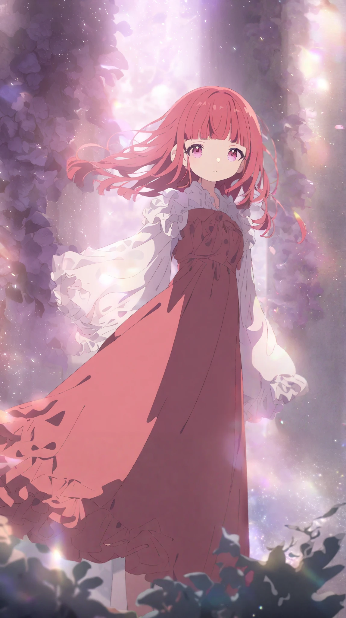 1girl,blunt bangs, anime screen shot, red hair, anime screenshot, screenshot, red dress