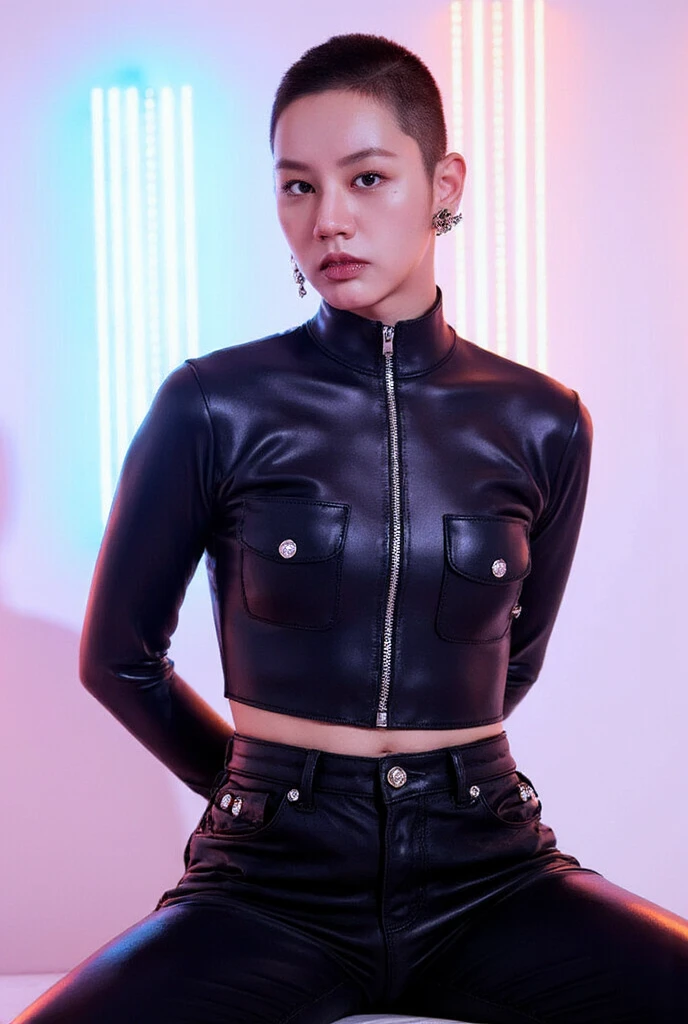 A beautiful girl, Japanese beautiful gyaru, blond hair, (very short hair:1.4), devilish smile, (big breasts:1.2), Rock style fashion, (Sleeveless Black Riders Jacket:1.2), Short length latex shirt_open zipper, Very short black leather pants. dog collar, (Butterfly tattoo on chest:1.1), Tattoo of a rose on the shoulder, Downtown New York City at night. Lots of neon signs. Diagonal front composition,//quality, Realistic photograph, (best quality:1.5), (hyper-realistic:1.2), (high resolution:1.5), (Cinematic Lighting:1.2), upper body shot, RAW photo, (4k. 8k precision image), detailed textures, sharp focus,ultra-detailed,