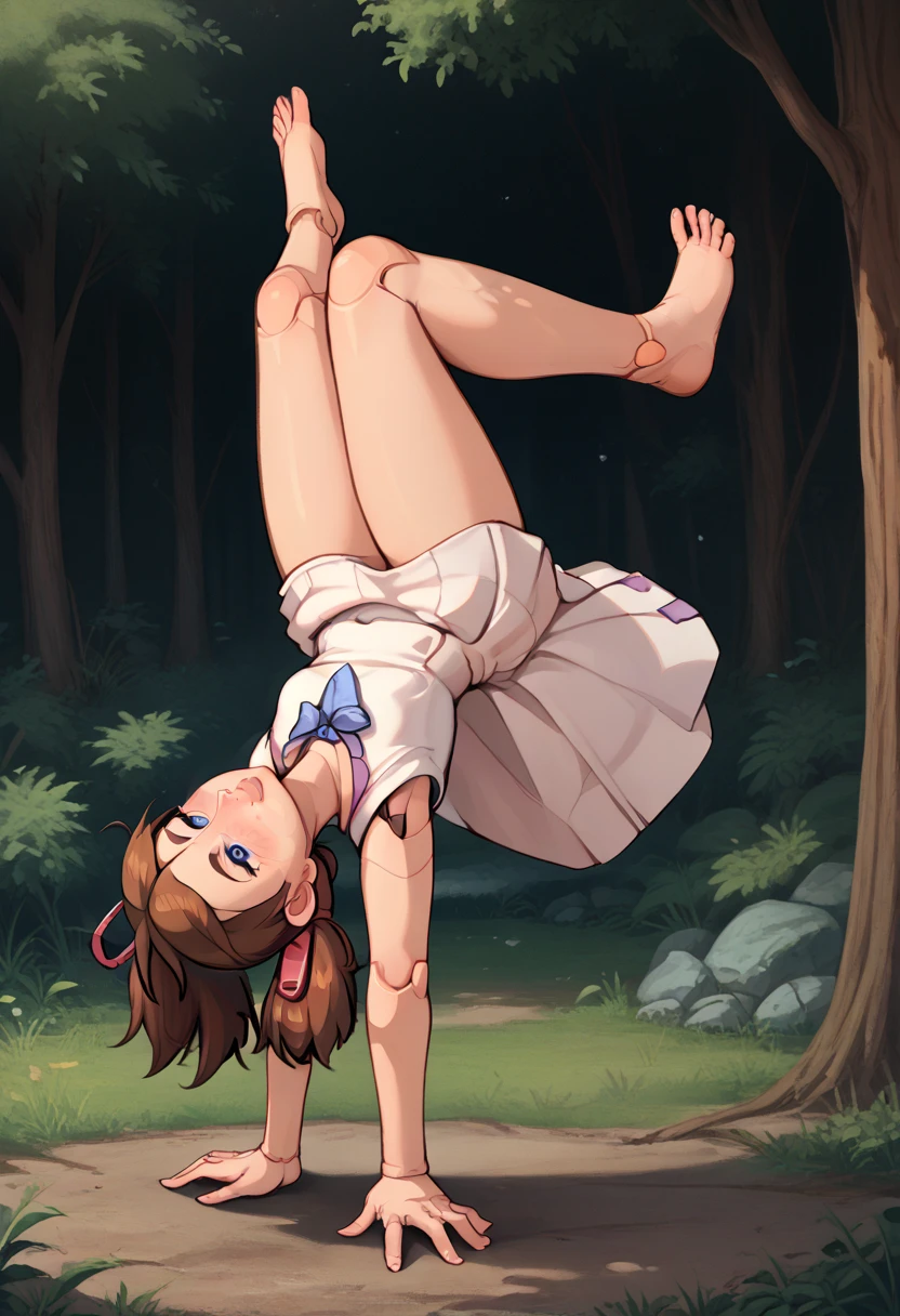A Female robot is sleeping in forest, spread legs, nude, banzai pose. she wears no dress. She Brown short hair is tied with two big red clothespins, She lifts up the under hem of her white plain dress, leaning over, masterpiece, very short pigtails,brown hair, mature, android, blue eyes, full body figure, Height: 160cm, flushed cheeks, 2020s anime picture, A beautiful robot with short brown hair in two short pigtails held up by two very large huge red clothespins, Uplifting, No NSFW, whole body, barefoot, archaic smile, getting orgasm, 25 years old, sweat bucket.  She can move while doing a handstand.