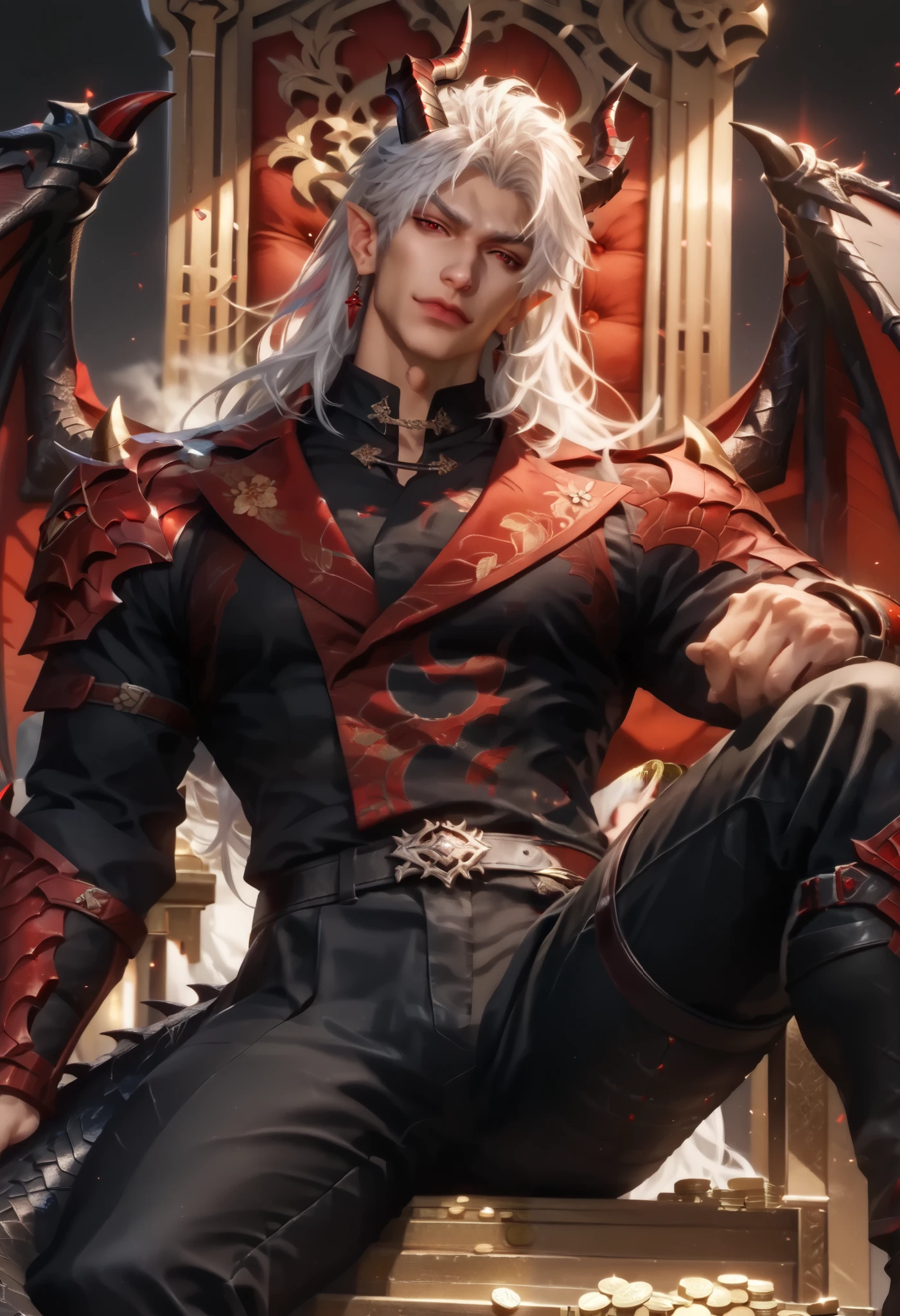 Anime illustration semi-realism of Chinese human dragon hybrid male, semi realistic, muscular, very broad shoulders, smaller waist, slightly muscular body, Asian eyes, monolid eyes, long hair, (((long white hair))), pretty lips, (((red eyes))), sleek design, evil smirk, masculine facial features, detailed face, handsome face, sharp facial features, sitting leaning back on big golden throne on top of gold coins arms on armrest, looking at viewer, dynamic light, black and red dragon wings, (((black dragon horns))), (((has a black dragon tail))), black and red armor, black red pointy jagged sharp hand armor, black red pointy jagged sharp body armor, leather long-sleeved shirt, leather pants, full body picture,