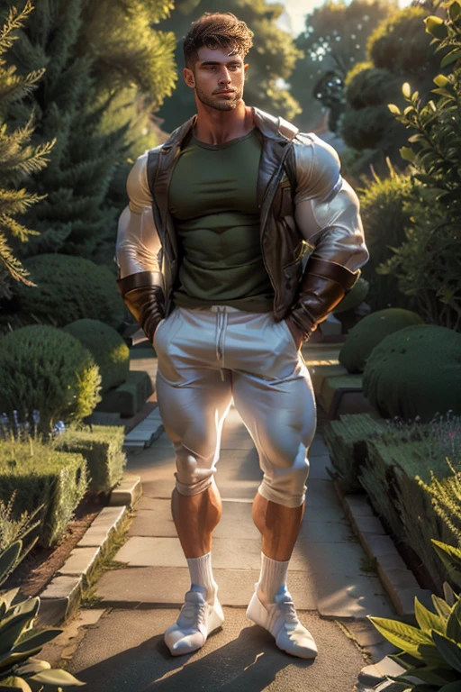 full body view, one white european male bodybuilder flexing his massive big bulbous over-inflated triple-biceps. Handsome with blonde undercut clean shaved haircut . extremely over-blated and over-inflated bodybuilded. One arm raised flexing incredibly over-inflated triple-biceps bigger than his head. Posing in front of a waterfall. Broad well developed wide shoulders and absurdly over-inflated over-bloated round pecs Well defined abs. Thick muscular legs. Wearing only golden briefs and golden socks. socks are visible