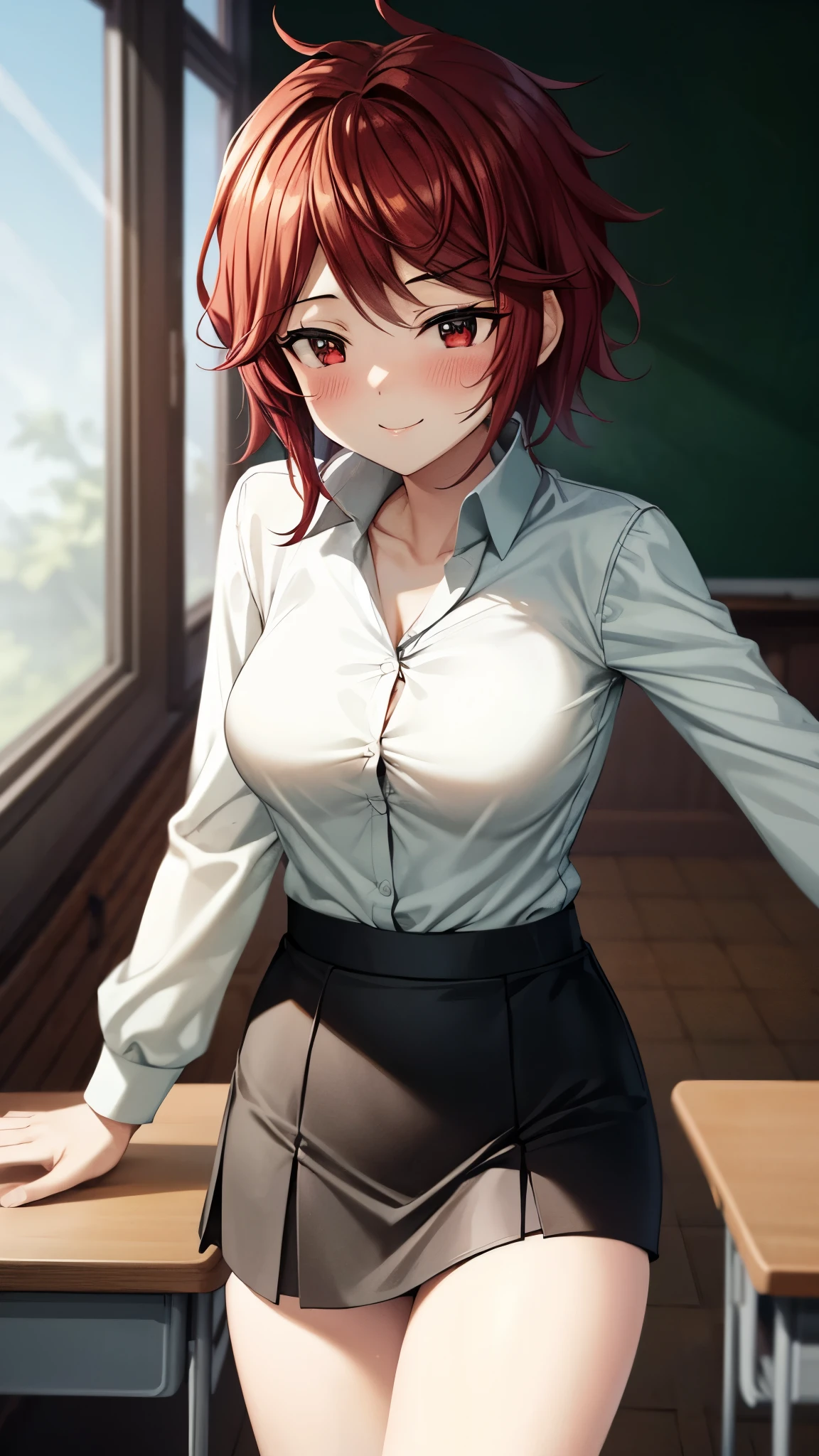 (Ultra High Quality,super high definition,16k,super masterpiece,Ultra HD ,detailed shading and background,)One High School Girl, Sexy White Shirts,胸の谷間,lattice pattern mini skirt,blush,smile, evening classroom ,