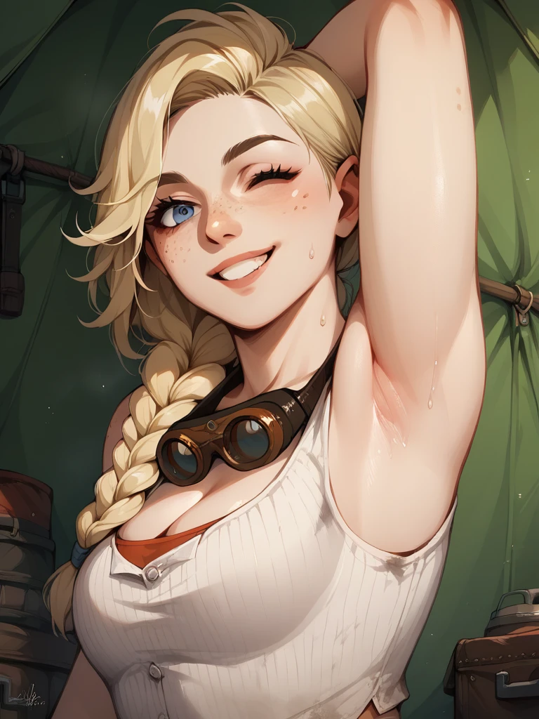 score_9, score_8_up, score_7_up, source_anime, masterpiece, best quality, amazing quality, 1girl, solo, mhGemma, blonde hair, long hair, high ponytail, braid, blue eyes, freckles, goggles around neck, white crop top, ribbed crop top, arm behind head, armpit, head towards viewer, looking at viewer, front light, smile, teeth, inside a tent, from side, from below, sleeveless, wink, armpit stubble, sweaty, cleavage, dirty 