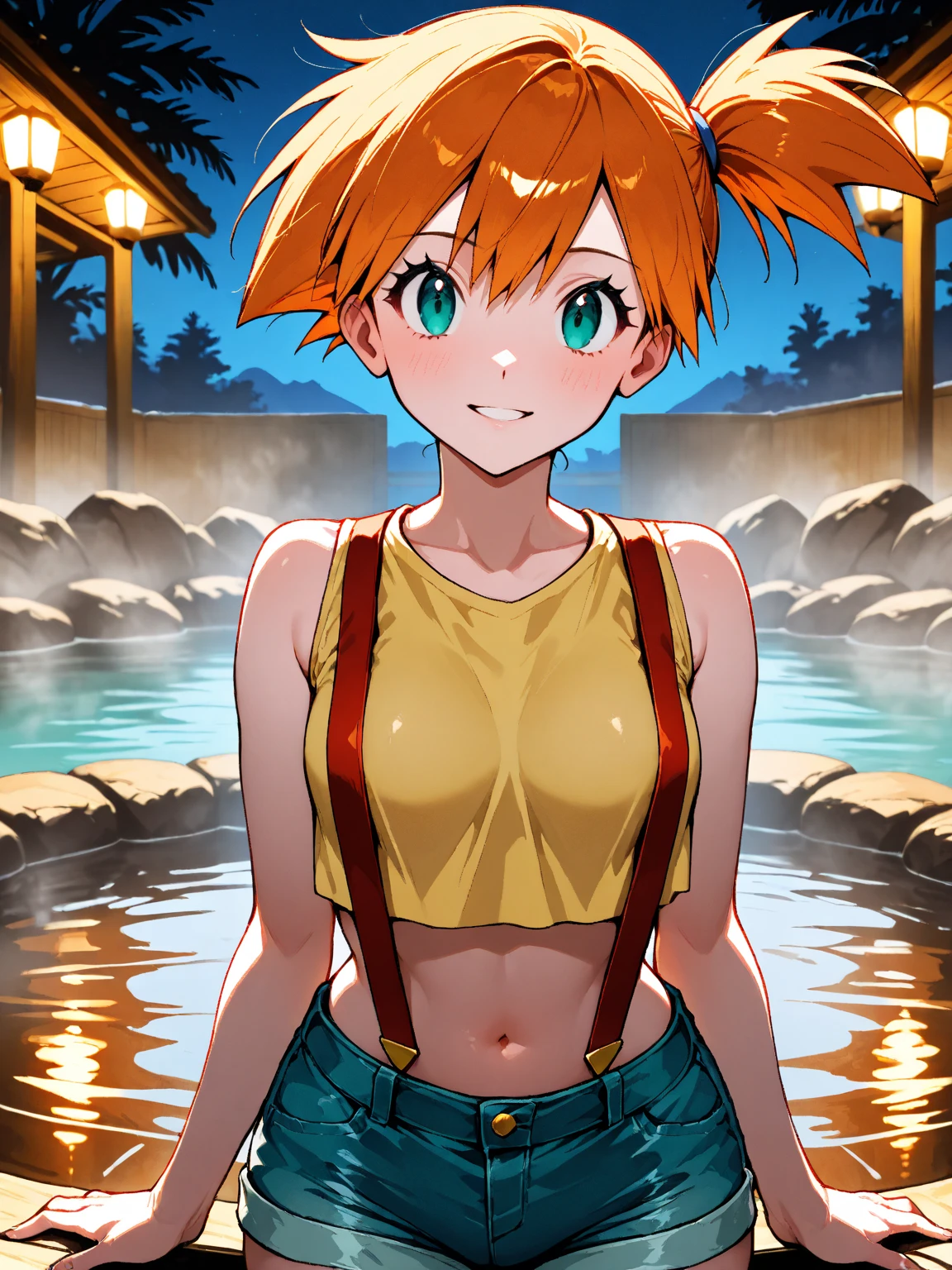Anime-style illustrations, Adult, woman, One girl, alone, smile, View your viewers, Happy, cute, (river:1.2), Yellow Shirt, Crop top, suspenders, jeans