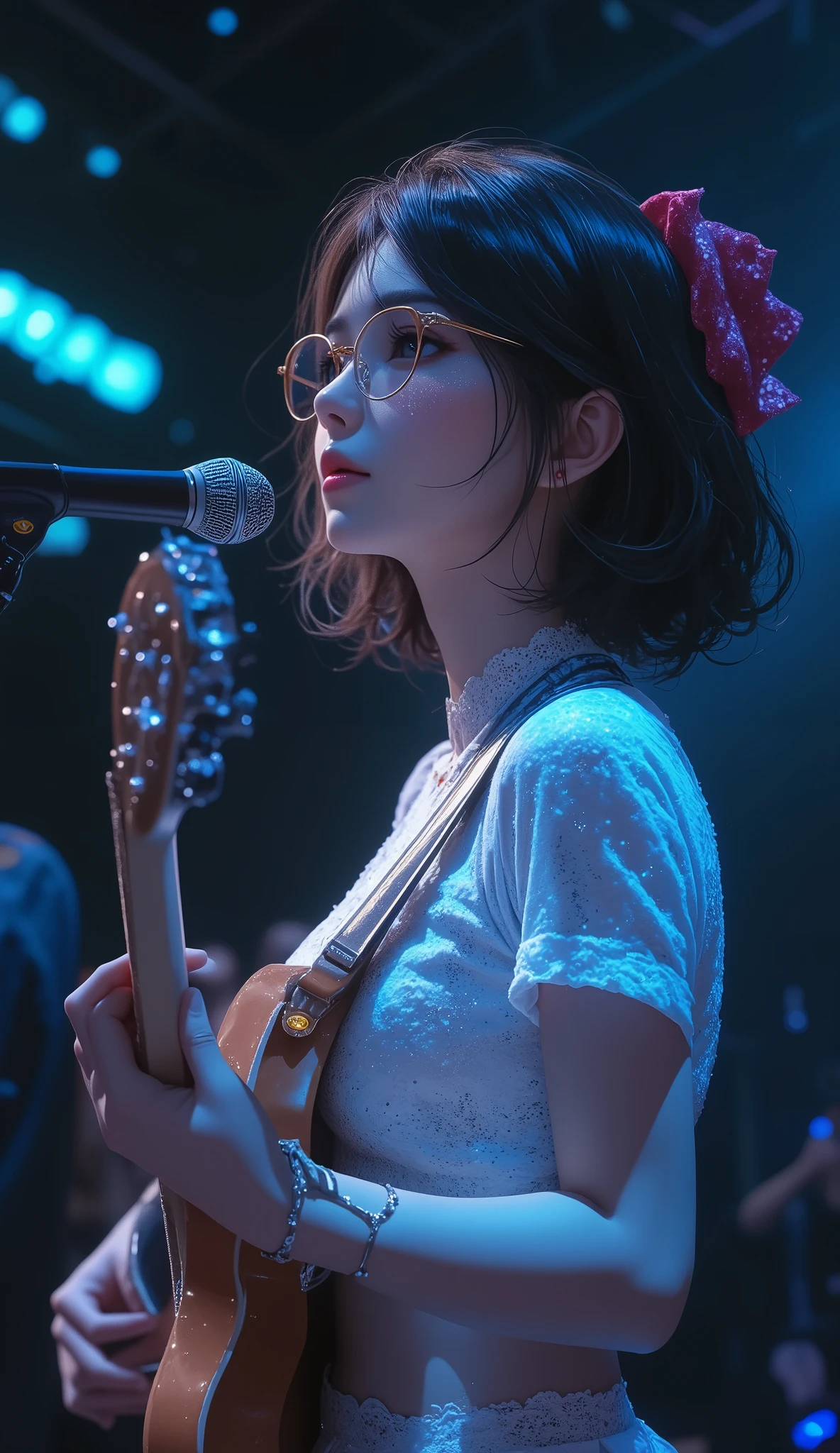 (Best quality, masterpiece), 1 girl, concert on stage, in front of the back band, (playing a guitar on stage: 1.8), glasses, , 1 girl, young female idol, (big well-defined breasted girl, deep cleavage: 1.4), ( goose bump: 0.7), beautiful face, (eyeliner, lipstick: 0.9), 4K, 8k, ultra high resolution, high resolution, detailed background, background,
