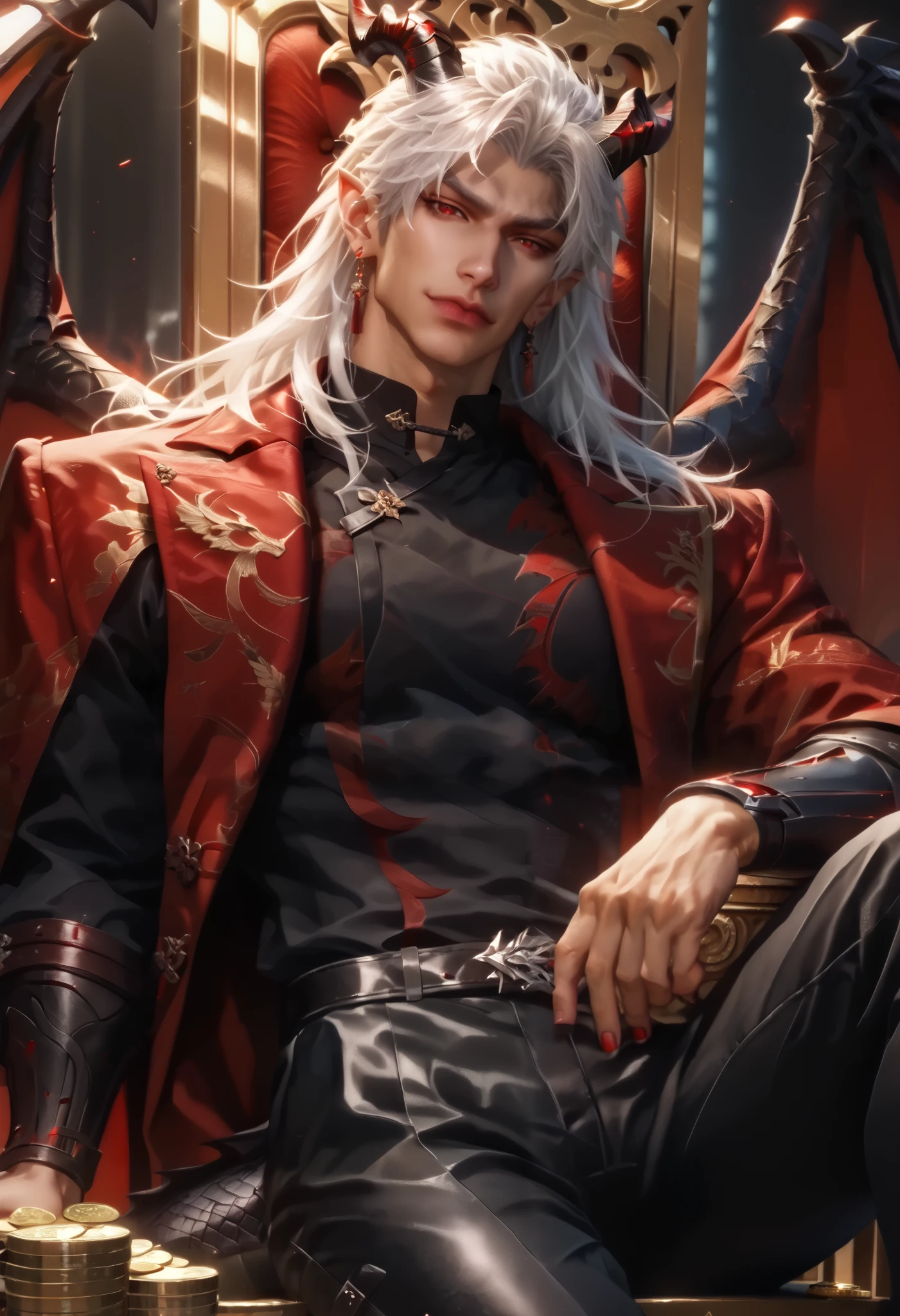 Anime illustration semi-realism of Chinese human dragon hybrid male, semi realistic, muscular, very broad shoulders, smaller waist, slightly muscular body, Asian eyes, monolid eyes, long hair, (((long white hair))), pretty lips, (((red eyes))), sleek design, evil smirk, masculine facial features, detailed face, handsome face, sharp facial features, sitting leaning back on big golden throne on top of gold coins arms on armrest, looking at viewer, dynamic light, black and red dragon wings, (((black dragon horns))), (((has a black dragon tail))), black and red armor, black red pointy jagged sharp hand armor, black red pointy jagged sharp body armor, leather long-sleeved shirt, leather pants, full body picture,