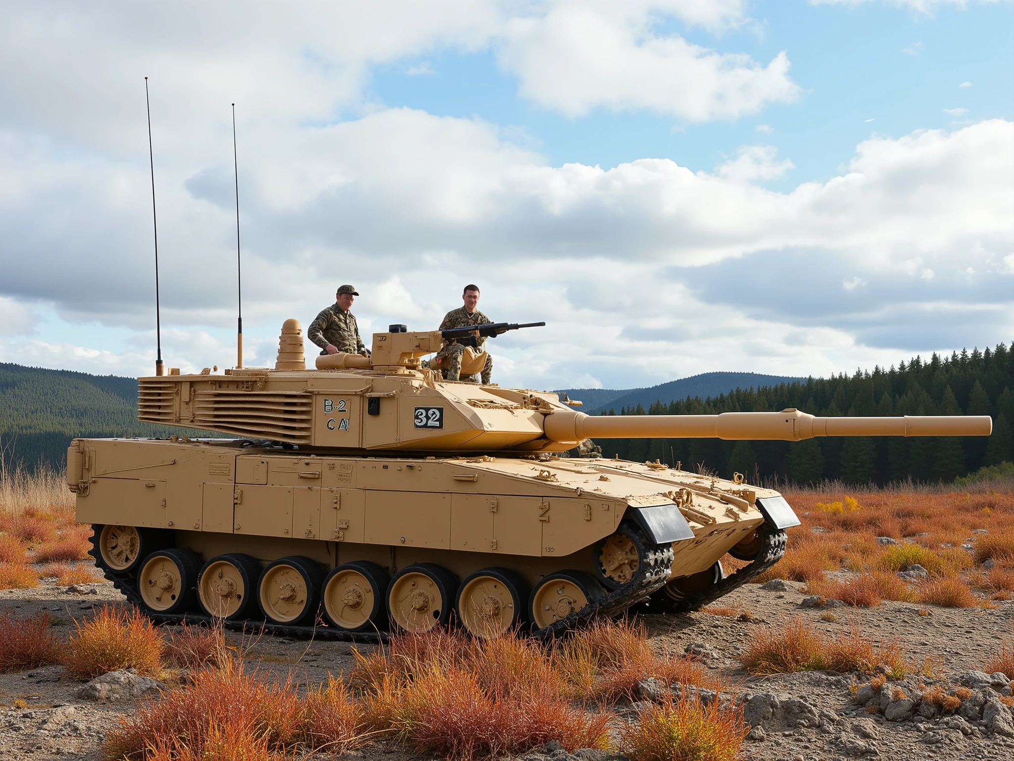 a chftntank tank is sitting in a field with a man standing on top of it