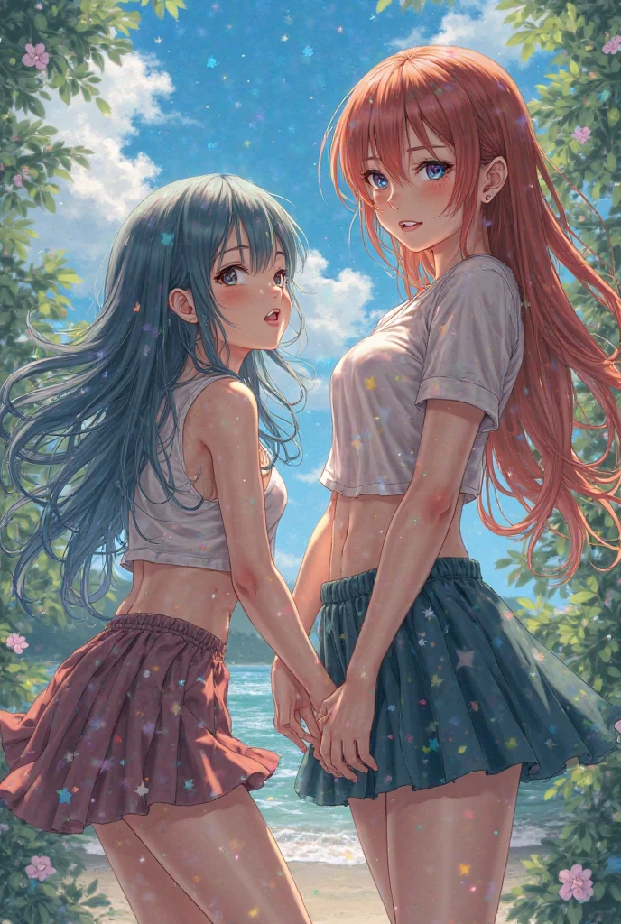 masterpiece, best quality, 2girls, young teen, slim, small breast, t-shirt, (white panties), walk the park, hugging, kissing, love, blush, smile, (wide angle, fisheye), (view from above), summer, warm, soft light, bright, watercolor