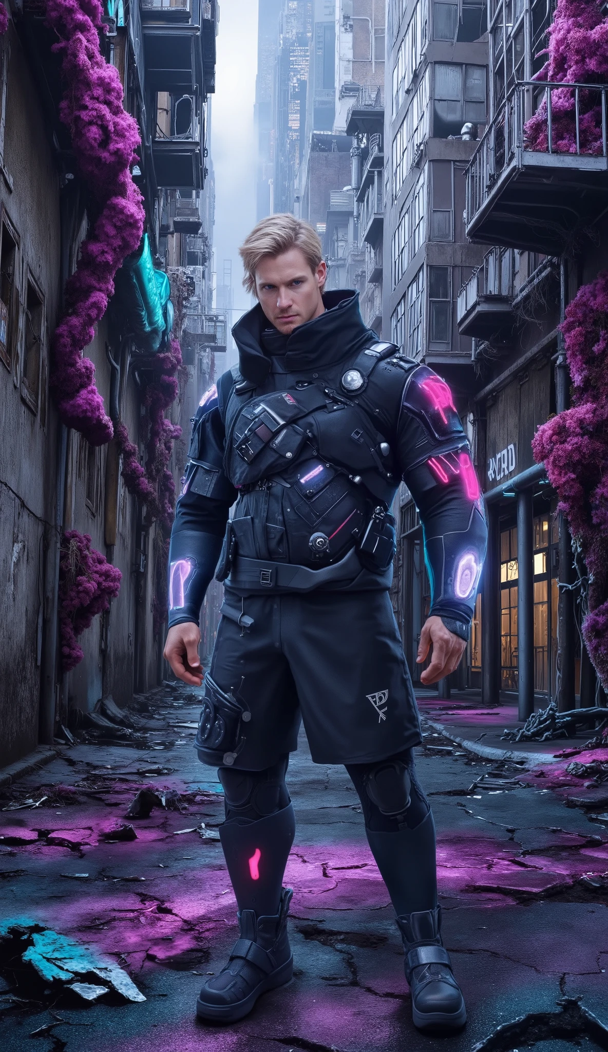 Masterpiece, Accurate, Award Winning, Best Quality, Extremely Detailed, 8K, HD, Super-Resolution, Dynamic Depth of Field, Photorealistic, Full Coloured, Realistic Skin and Hair Texture, ((a 25-year-old, platinum blonde Nordic cybernetic explorer with ice-blue eyes, high cheekbones, a strong angular jawline, and a powerfully sculpted physique, cautiously standing in a decayed alleyway where bioluminescent vines in hues of emerald, sapphire, and neon pink have begun reclaiming the abandoned cityscape)). His ((minimalist, futuristic gear is form-fitting and reinforced with sleek biomechanical plating, the structured fabric hugging his muscular chest, broad shoulders, and thick arms, while advanced cybernetic joints in his shoulders and elbows reflect the eerie neon glow of the overgrown surroundings)). His ((intense gaze sweeps the crumbling environment, his posture alert as he visually scans the towering structures covered in glowing vegetation, their tendrils weaving through fractured concrete and rusted steel beams, casting vibrant reflections against the slick, rain-slicked pavement beneath him)). His ((gloved hand is raised slightly, fingers hovering over the cracked surface of the techno-synthetic ground, its embedded circuitry pulsing faintly, emitting a soft, iridescent light that flickers between the roots of the encroaching biomechanical flora)). The background features ((abandoned skyscrapers with shattered windows, their glass surfaces catching distorted neon reflections, metal walkways covered in luminescent moss, and thick mist rolling in from the depths of the ruined city, partially obscuring the distant skyline where faint mechanical structures loom against the artificial haze)). Shot on ((Canon EOS R5, RF 50mm f/1.2L lens, f/2.0 aperture, 1/250 shutter speed, cinematic cyberpunk lighting with high contrast, neon reflections creating depth and atmospheric layering, deep shadows enhancing the sharp details of fabric, synthetic surfaces, and organic overg